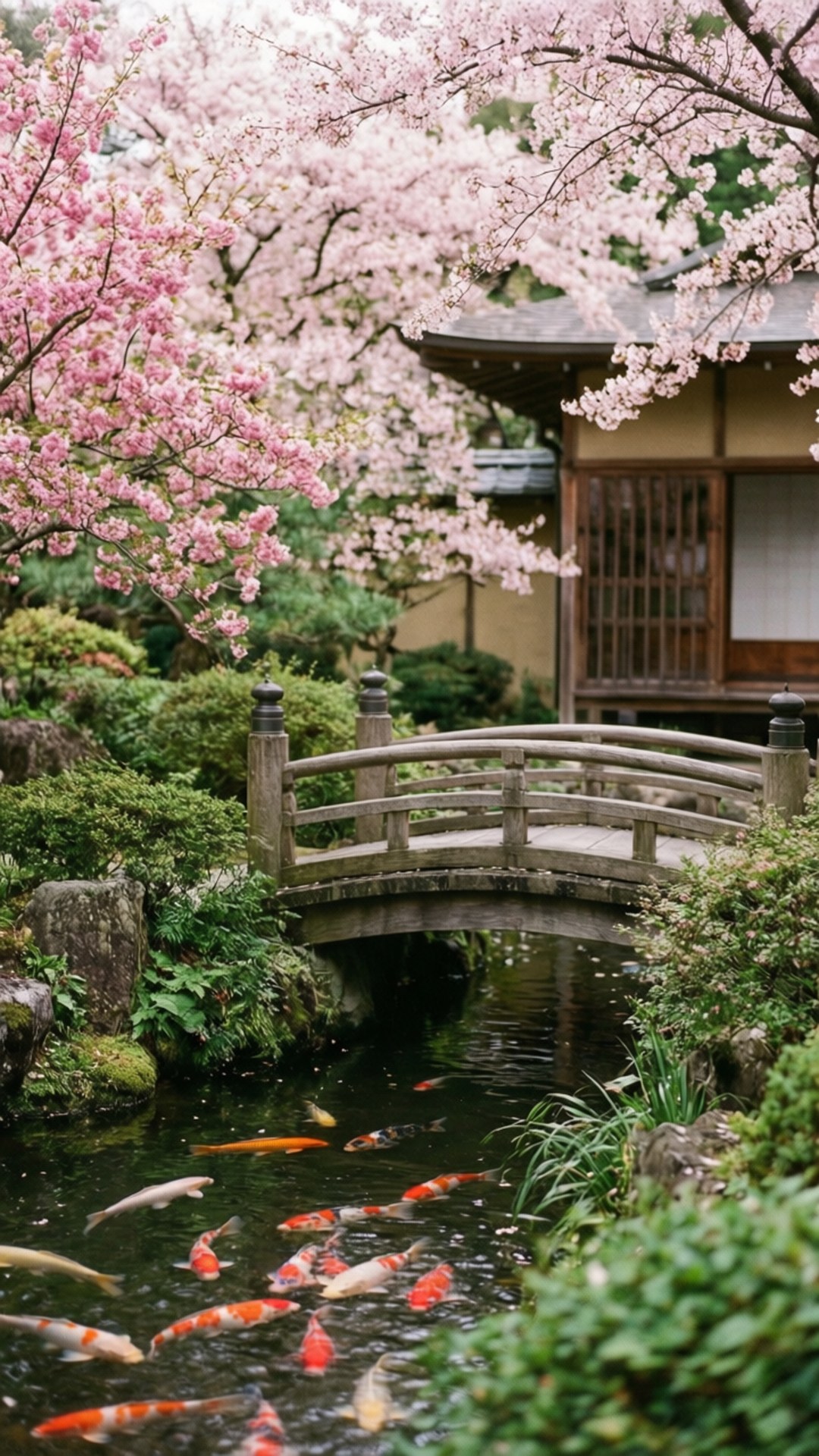 Cherry Blossom Koya 壁紙 — 在寧靜的日本花園中，一座木橋拱起在錦鯉池上，盛開的粉紅色櫻花之下。