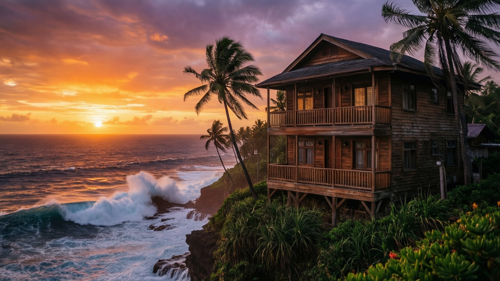 Cliffside Sunset House 壁紙 — 一座帶陽台的木質懸崖房屋，俯瞰著火橙色和紫色日落時分洶湧的海浪。