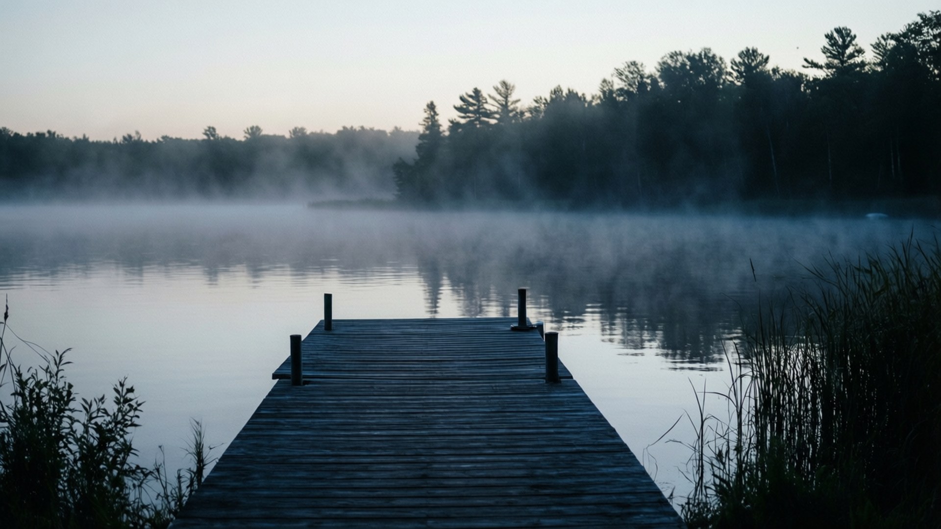Foggy Lake Morning 壁紙 — 一個木製碼頭延伸到黎明時分霧氣瀰漫的湖泊，背景有樹木的剪影。