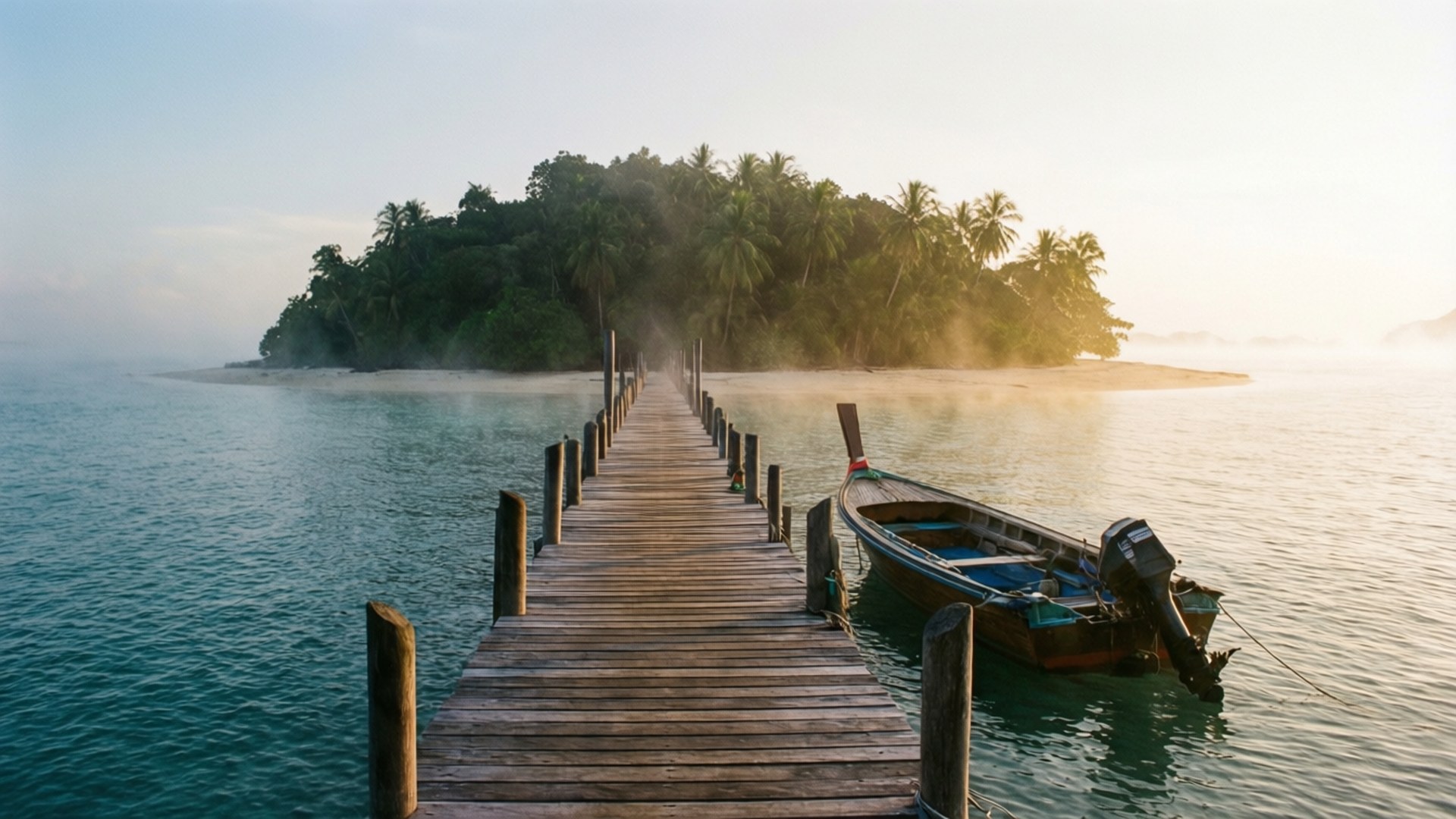 Morning Dock Island 壁紙 — 一條木製碼頭伸向日出時有棕櫚樹的霧氣熱帶島嶼。
