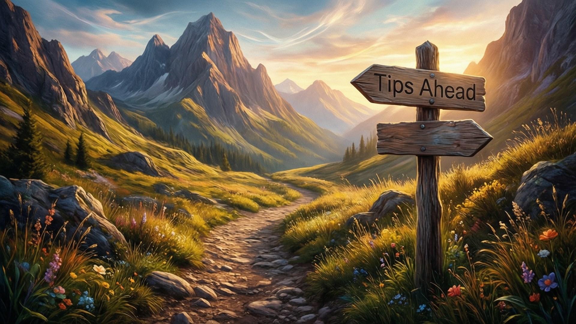 桌布 壁紙 — 一個寫著「Tips Ahead」的木製標誌矗立在一條蜿蜒穿過陽光明媚的山谷、兩旁有野花和遠處山峰的石徑上。