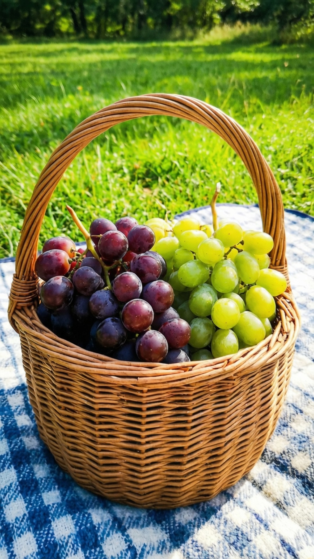 Picnic Basket Grapes 壁紙 — 一個裝滿成熟紫色和綠色葡萄的編織籃子放在藍白格子毯上，位於陽光明媚的草地上。