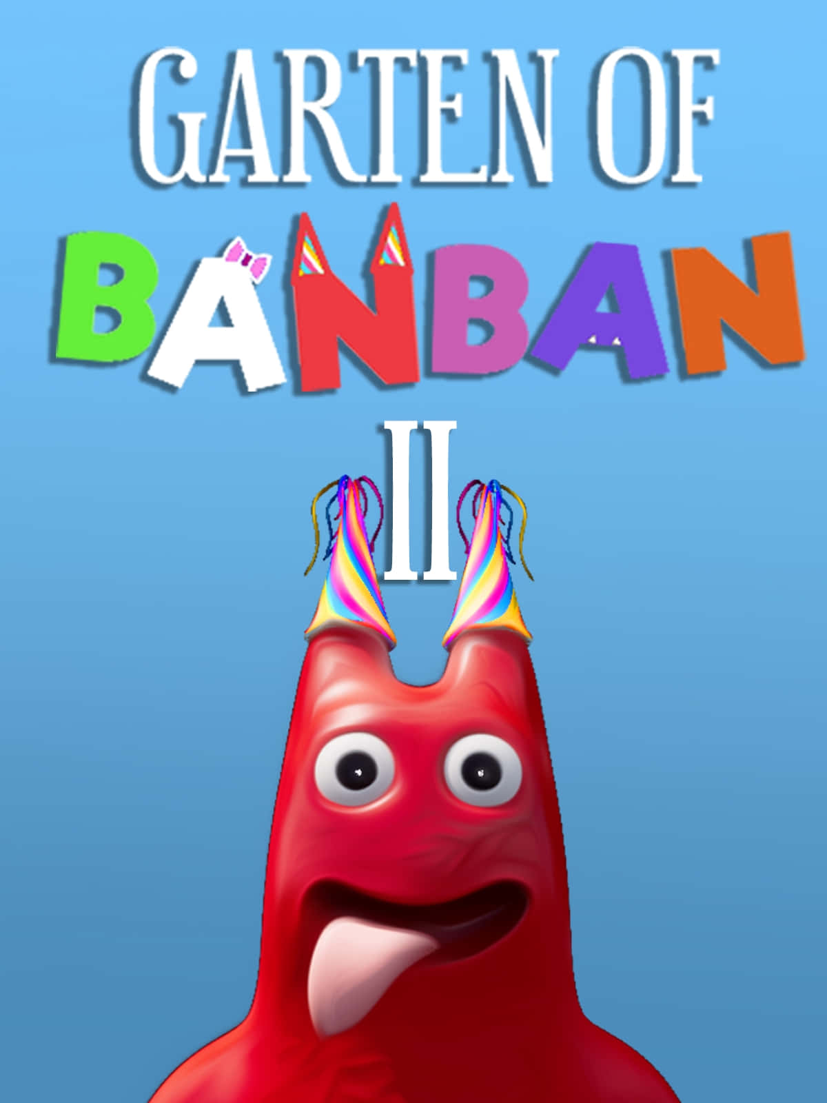  壁紙 — 一個戴著彩虹派對帽的紅色卡通生物，在色彩繽紛的「GARTEN OF BANBAN II」文字下伸出舌頭。