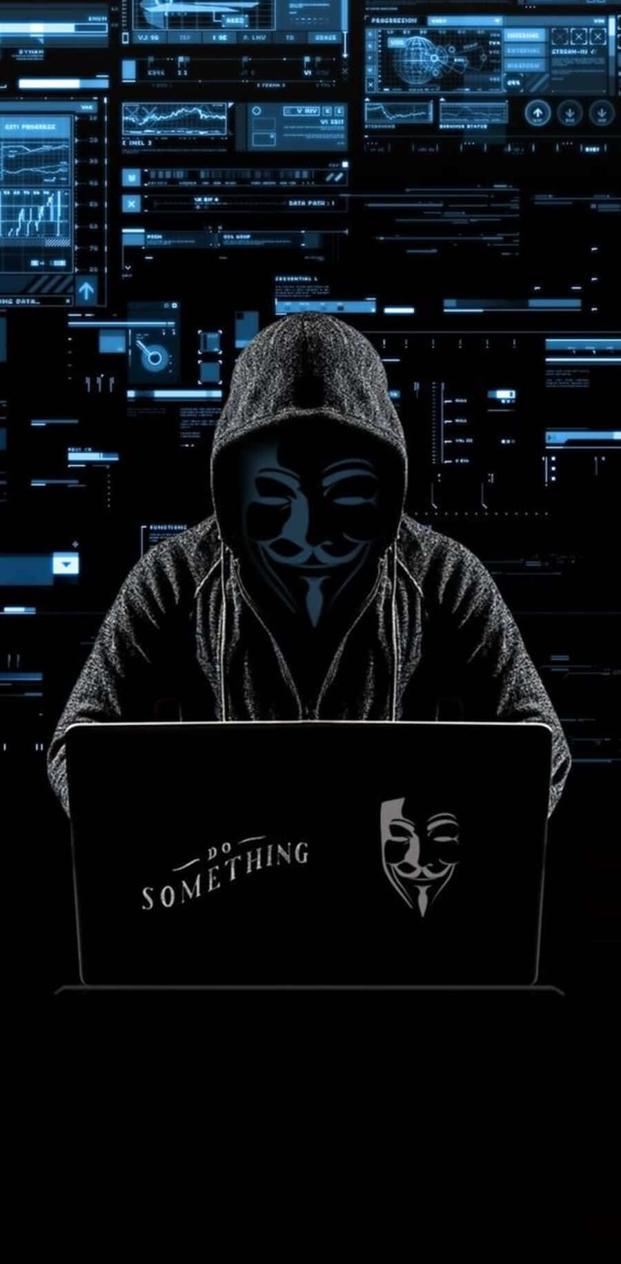  壁紙 — 一個戴著 Guy Fawkes 面具、身穿連帽衫的人物坐在筆記型電腦前，螢幕顯示「Do Something」字樣，背景是發光的藍色數位介面。
