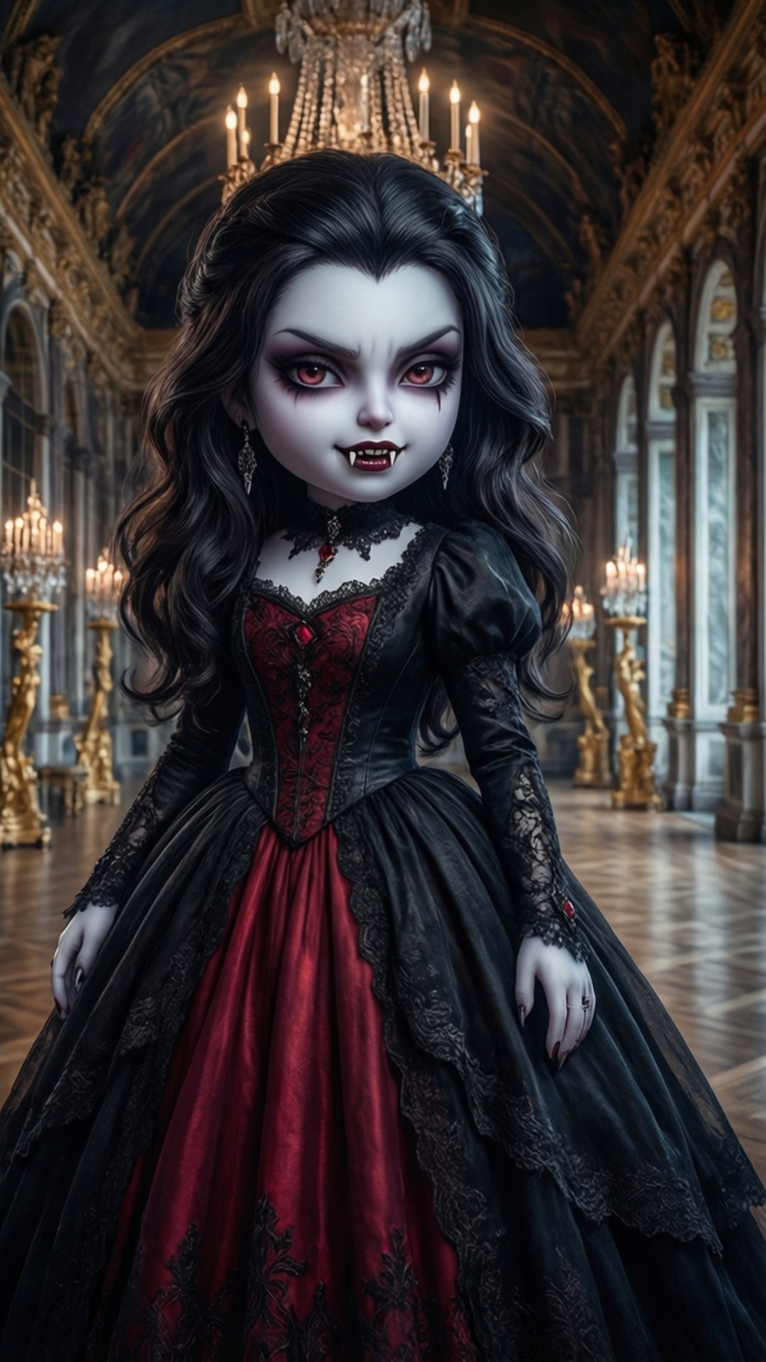 Vampire Elegance 壁紙 — 一個像娃娃的吸血鬼女人，穿著黑色和紅色的蕾絲長袍，站在燭光輝煌的華麗宮殿走廊裡。