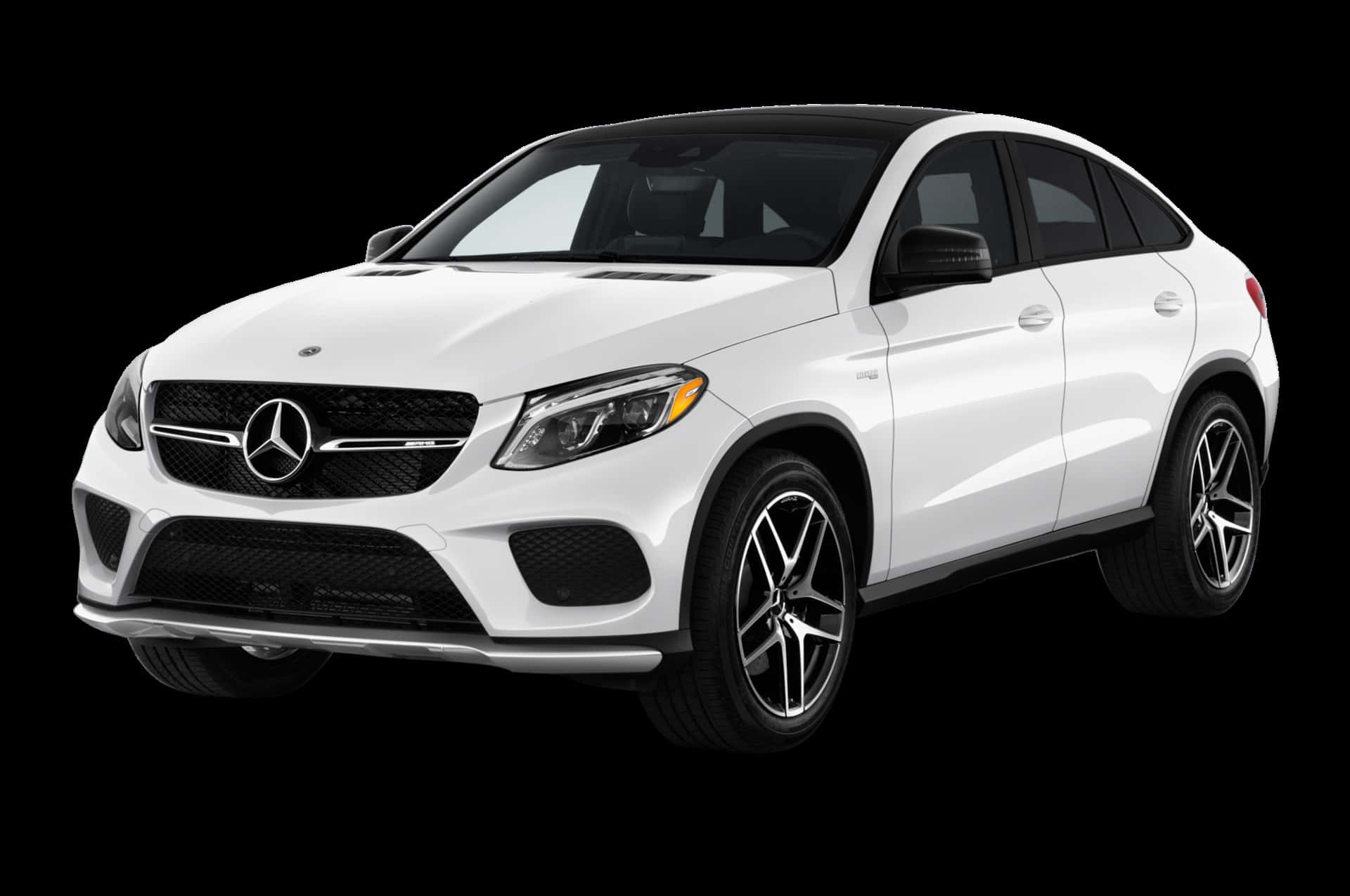 Mercedes Benz Gle-class 桌布 壁紙 — 一輛純白色賓士 GLE Coupe SUV 在純黑色背景襯托下展示，配備時尚合金輪圈和銳利棱角頭燈。