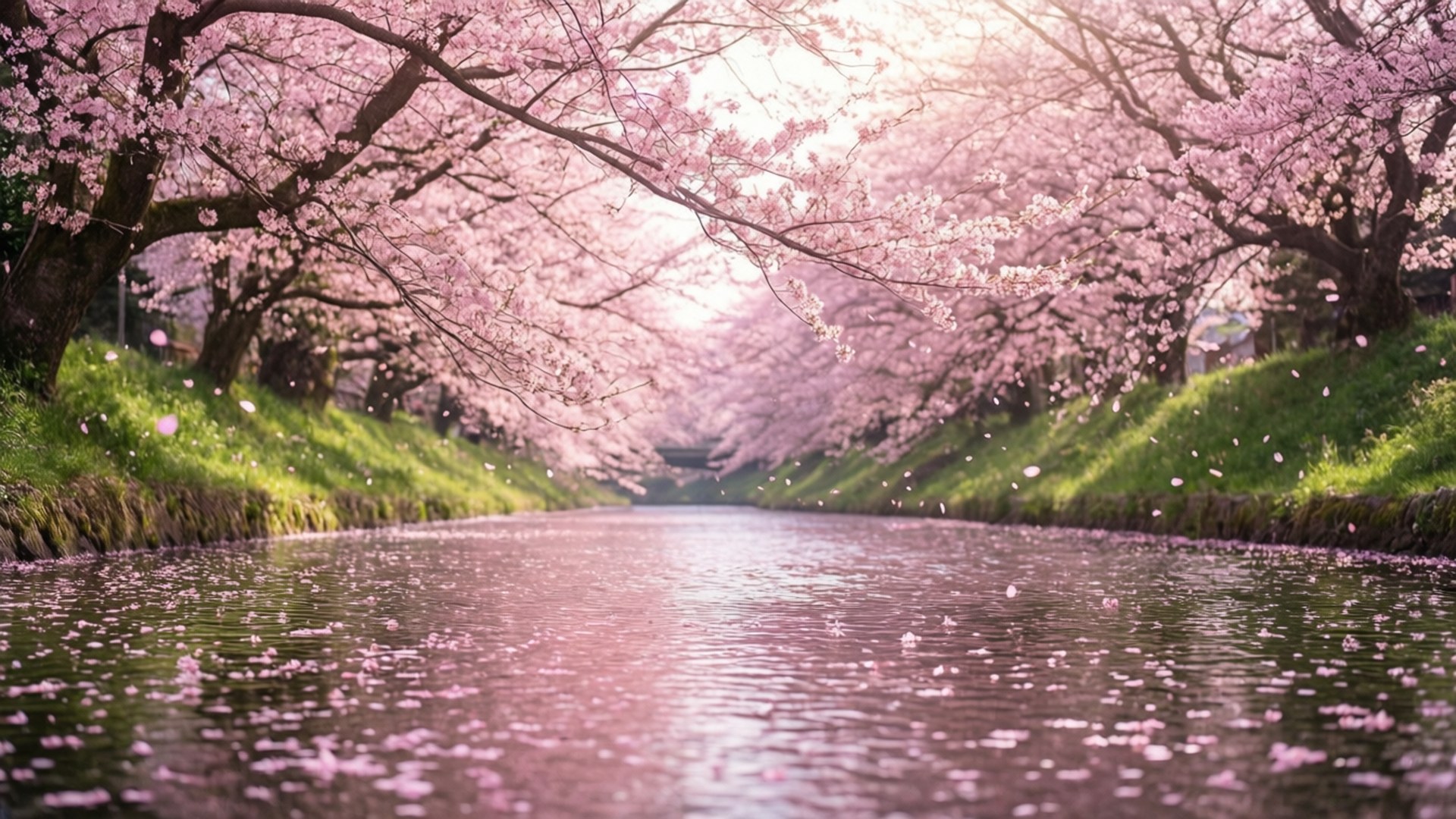Cherry Blossom River 壁紙 — 一條寧靜的運河，兩旁盛開的櫻花樹，粉紅色的花瓣在柔和陽光下飄落到水面上。