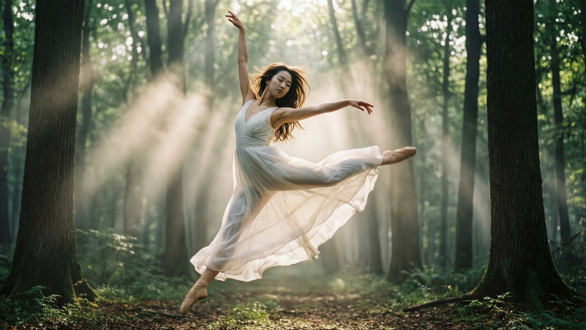 Forest Contemporary Dance 壁紙 — 一位身穿飄逸白色長裙的舞者，在陽光透過樹木照射的森林中優雅地跳躍。