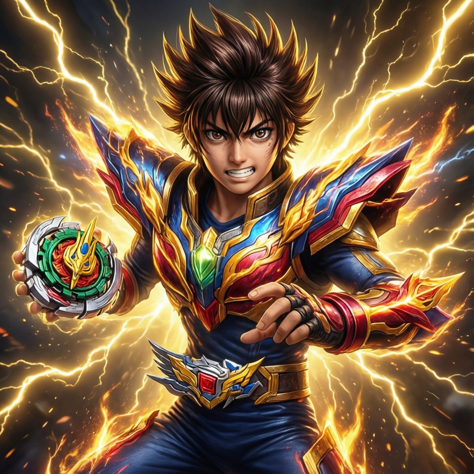 Aiga Sparking Power 壁紙 — 一位兇猛的動漫戰士，身穿華麗的藍、紅、金色盔甲，握著發光的戰鬥圓盤，引導閃電能量。
