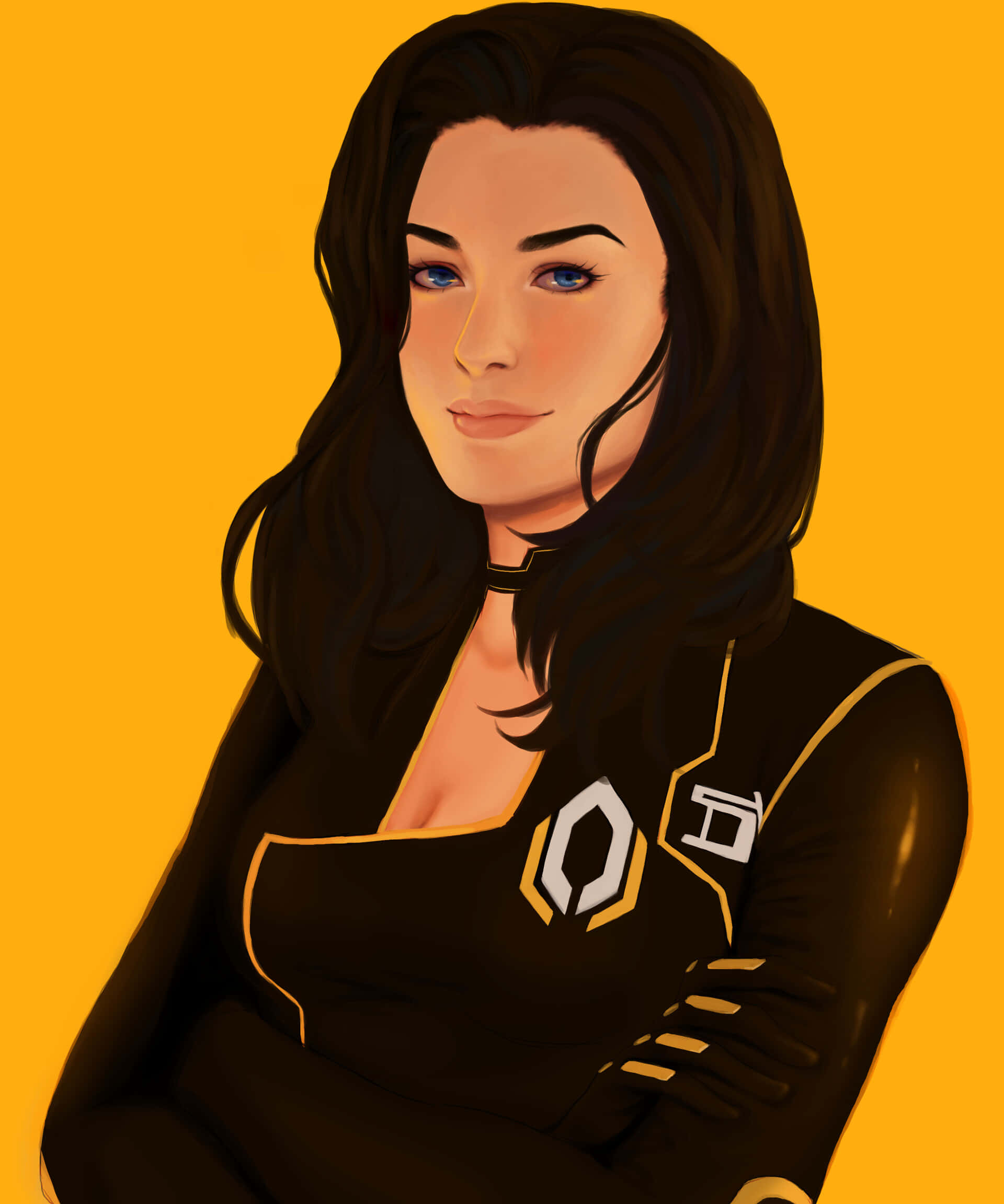 Miranda Lawson 桌布 壁紙 — 一位自信的女性，擁有長長的黑髮和藍色眼睛，穿著帶有金色點綴的黑色未來風格服裝，背景為純黃色。