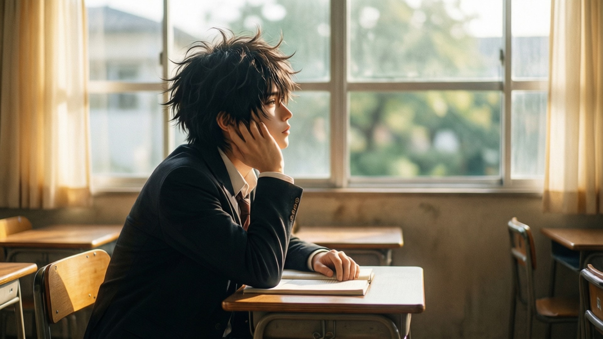 durarara 桌布 壁紙 — 一個穿著校服的年輕動畫男孩坐在陽光普照的教室書桌前，若有所思地望著窗外。
