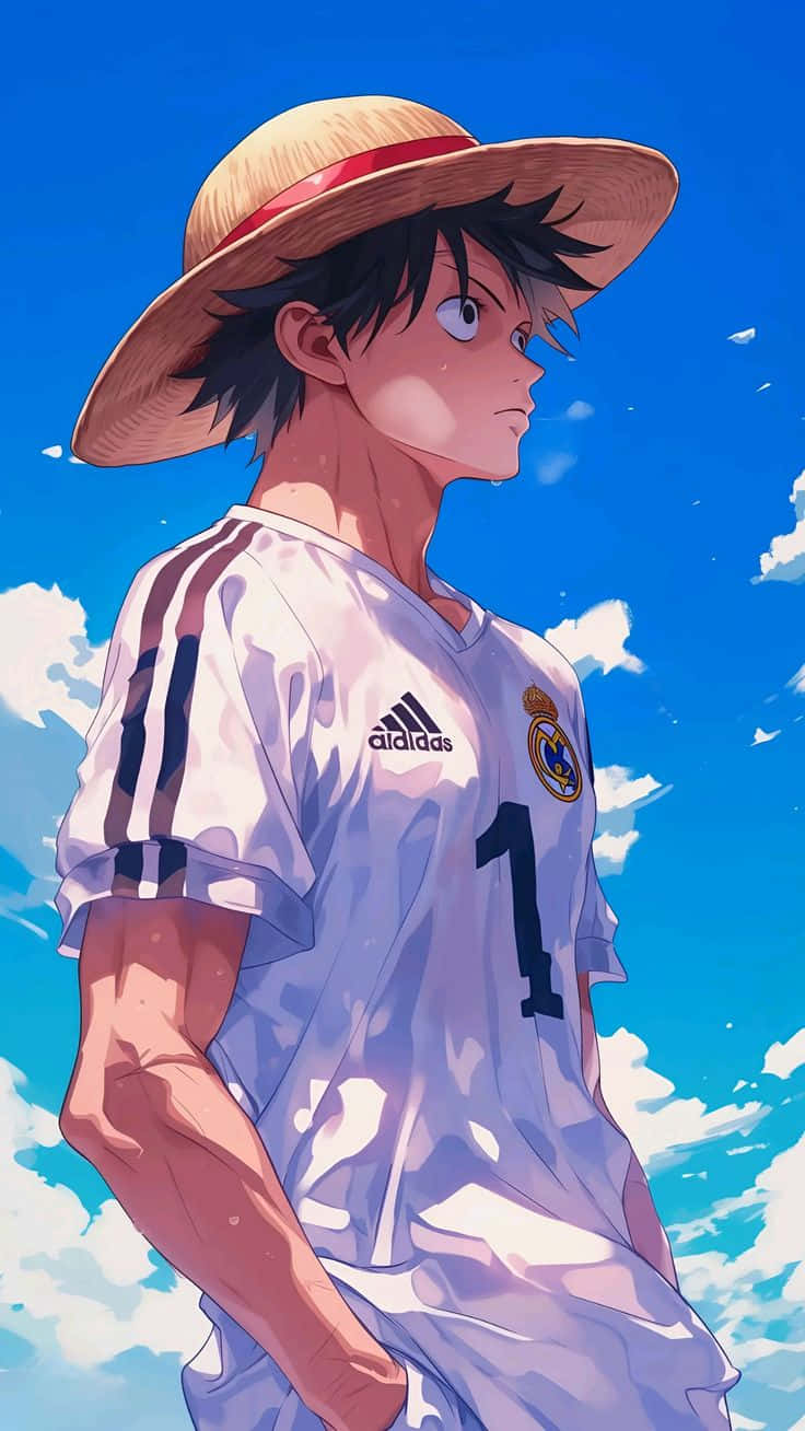  壁紙 — 一個戴草帽、穿白色足球球衣的年輕動漫男孩，站在有 fluffy 雲朵的明亮藍天下。