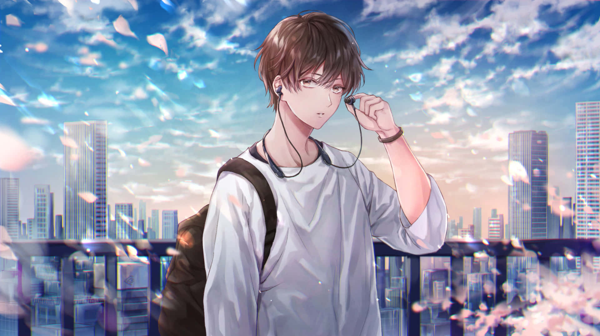  壁紙 — 一個棕色頭髮的年輕動漫男孩在充滿漂浮粉色花瓣的天空下，對著充滿活力的城市天際線調整他的耳塞。