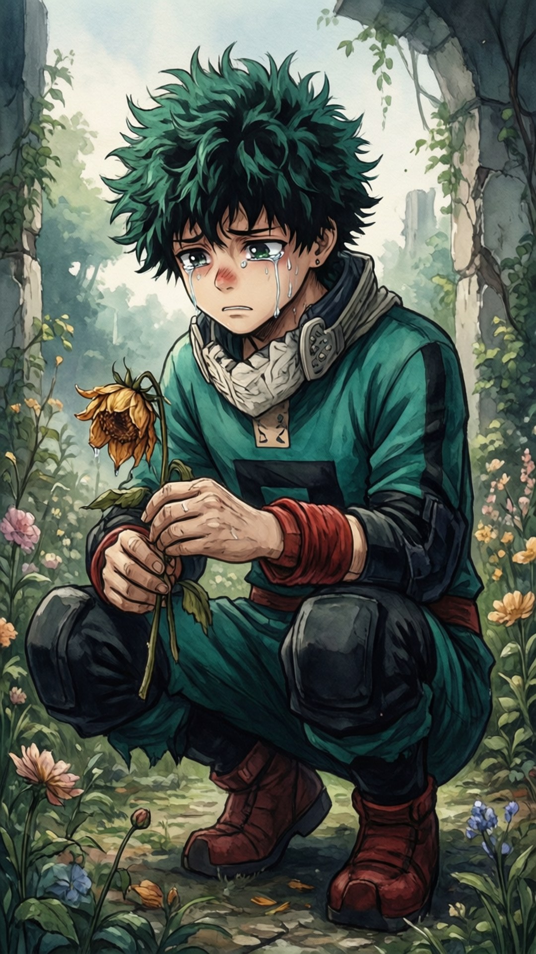 Wilted Flower Tears 壁紙 — 一個綠髮的年輕動漫男孩跪在陽光明媚的花園中，手持一朵枯萎的向日葵，淚水順著臉頰流下。