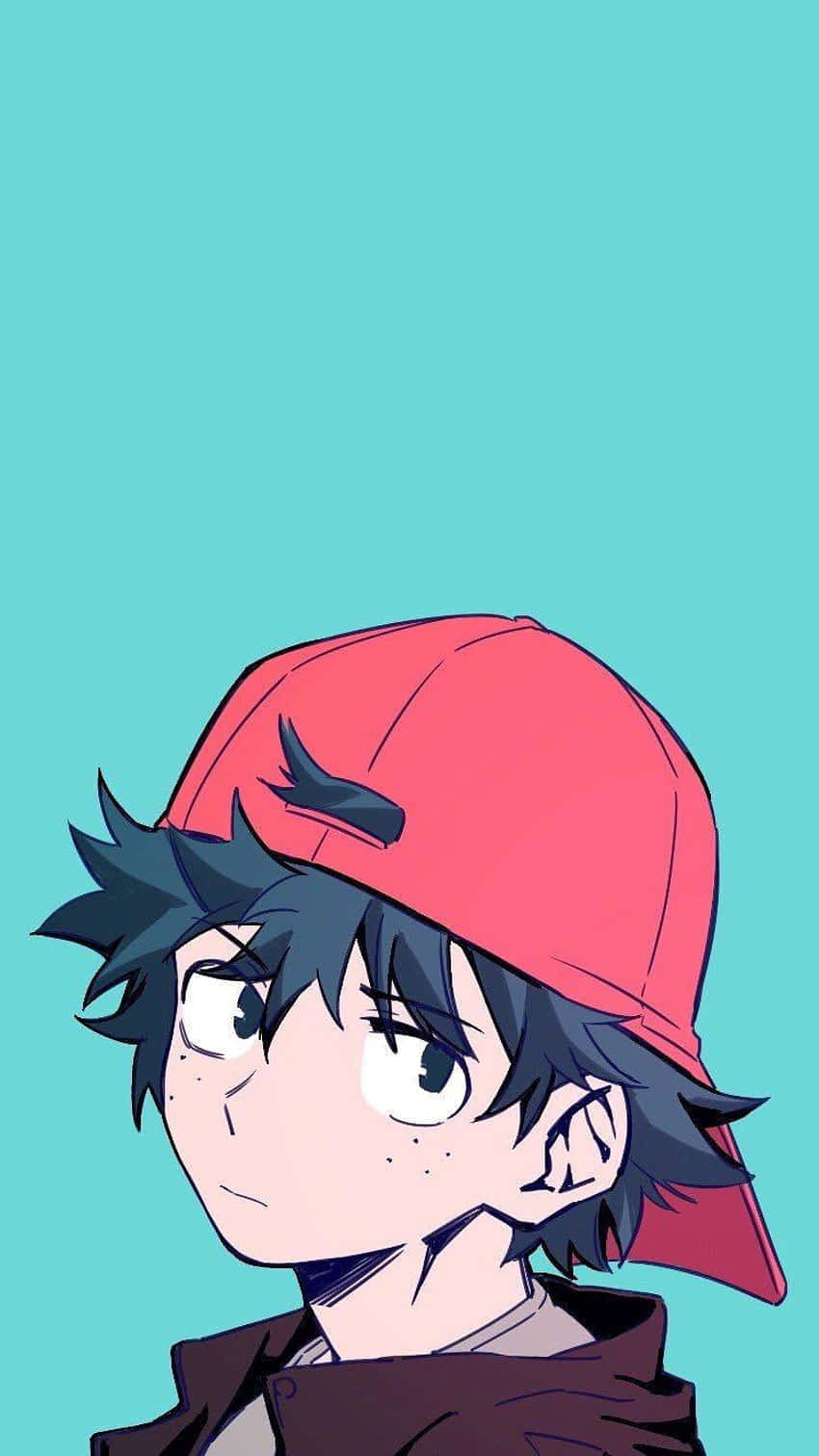  壁紙 — 一個年輕的動漫男孩，有著刺蝟般的黑髮和紅色帽子，側視著純青色背景。