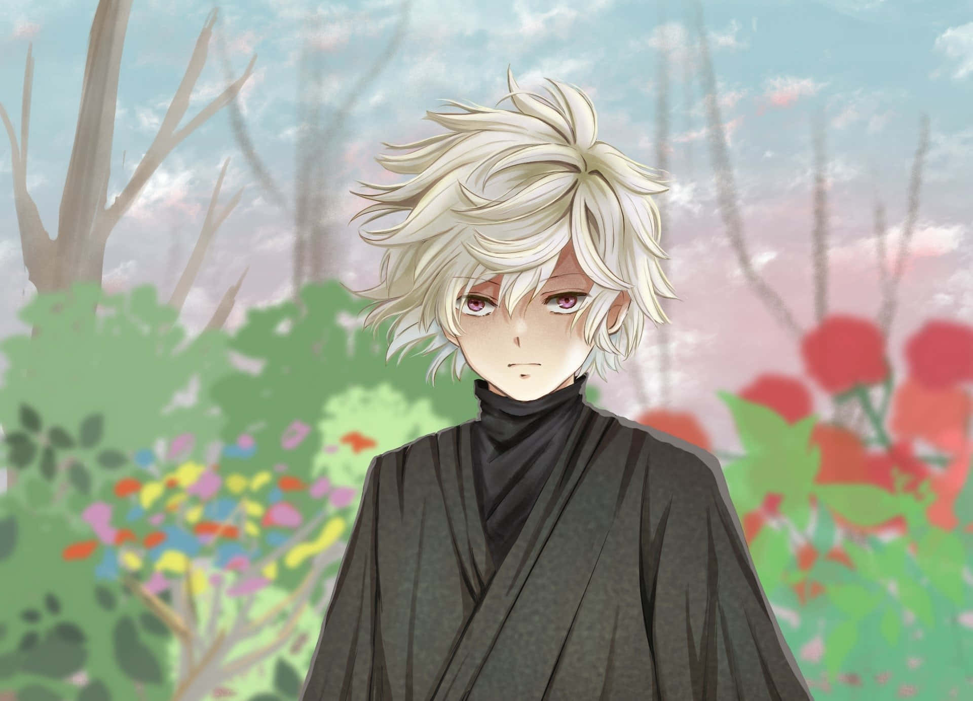  壁紙 — 一個年輕的動漫男孩，有著尖刺的白髮和紅色的眼睛，站在柔和天空下色彩繽紛的花園中。