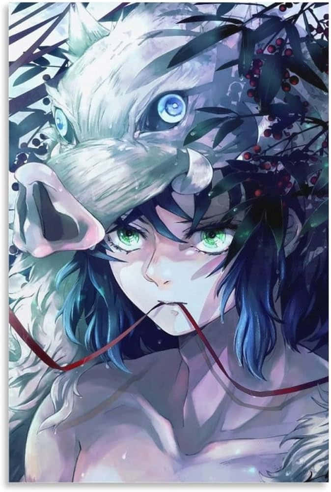  壁紙 — 一個年輕的動漫角色，藍色頭髮和綠色眼睛，戴著一個裝飾有深色樹葉和紅色漿果的白色狼面具。