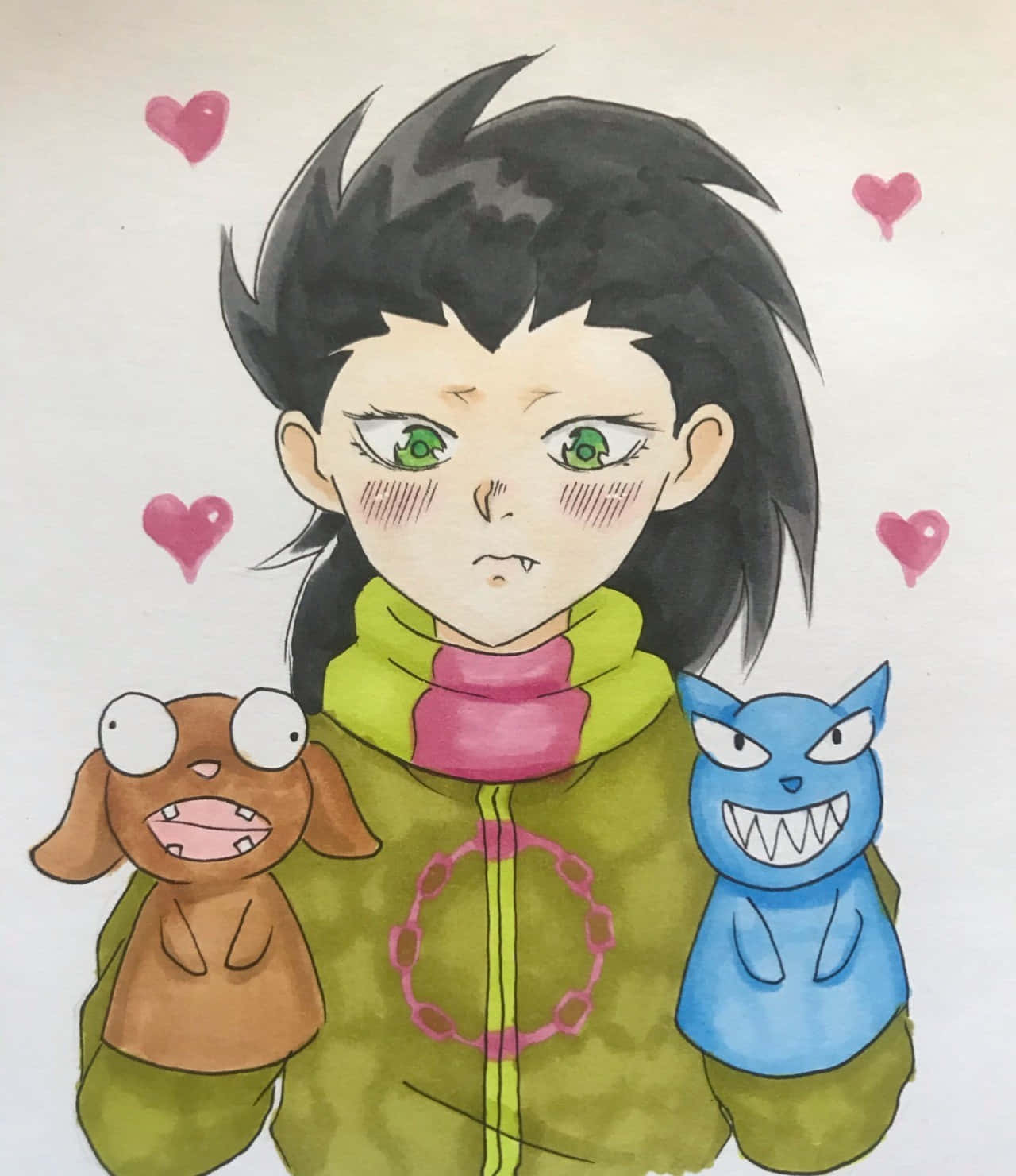Kensuke Midorikawa 桌布 壁紙 — 一個年輕的動漫角色，擁有綠色眼睛和黑色頭髮，穿著綠色外套配粉紅色圍巾，抱著兩個可愛的怪物毛絨玩具，周圍環繞著粉紅色的愛心。
