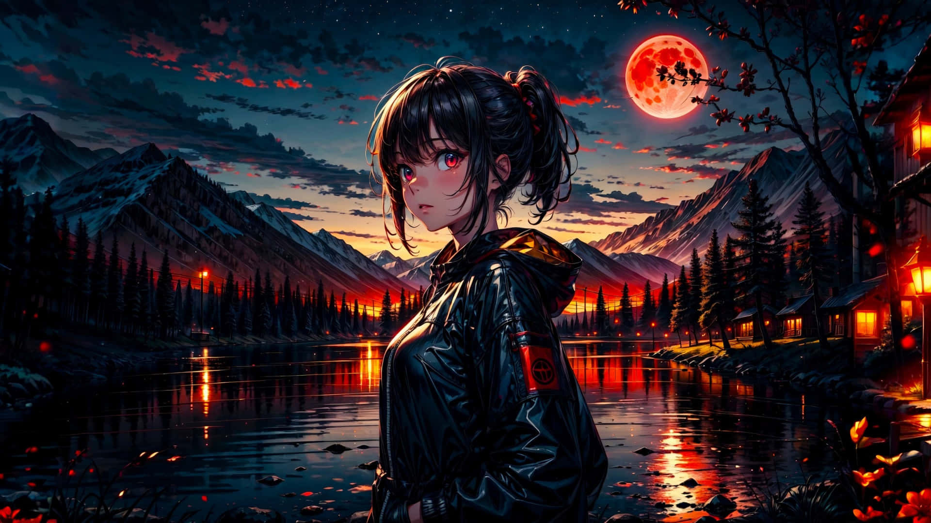  壁紙 — 一個年輕的動漫女孩穿著黑色外套，站在一個發光的湖邊，背景是血紅色的月亮、雪山和亮著燈的小屋。