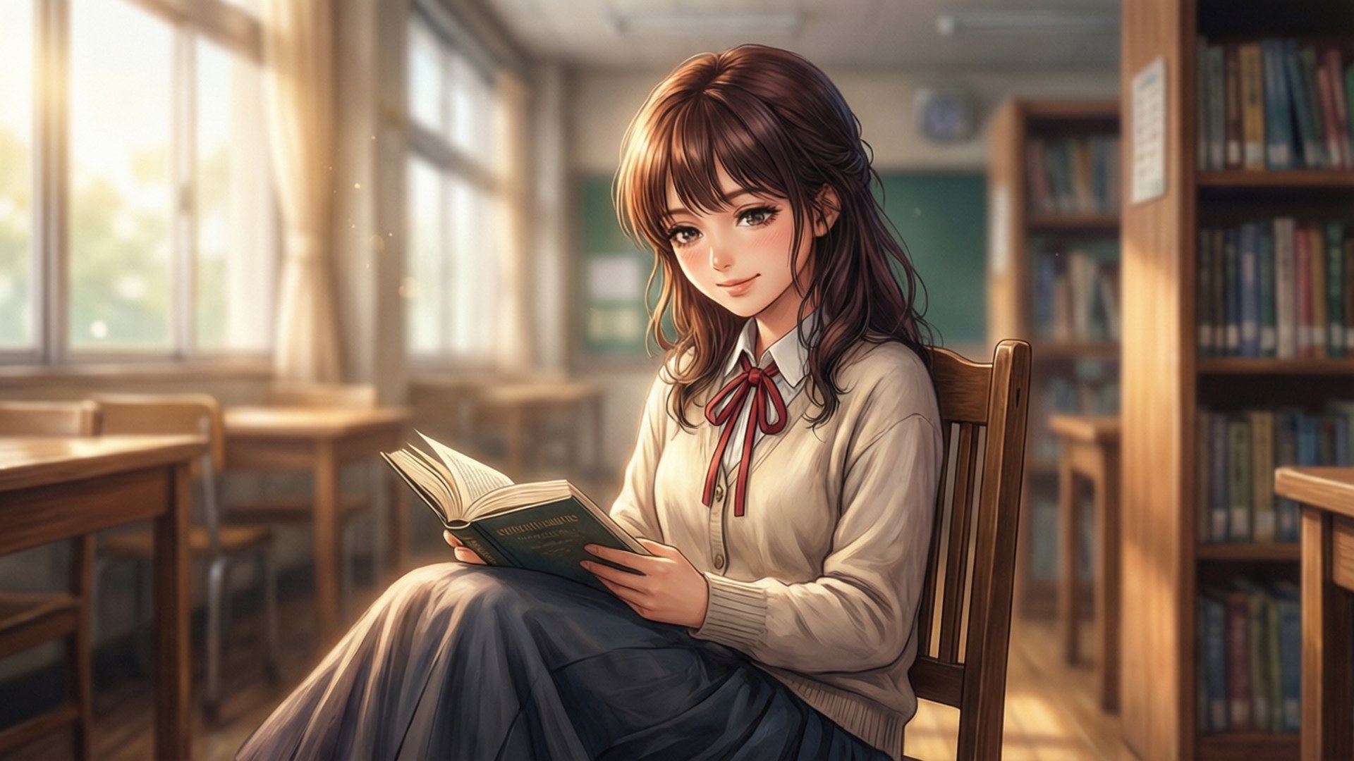 The Angel Next Door Spoils Me Rotten 桌布 壁紙 — 一個穿著校服的年輕動漫女孩在陽光充足的圖書館裡閱讀一本書，圖書館裡有木製書架和書桌。