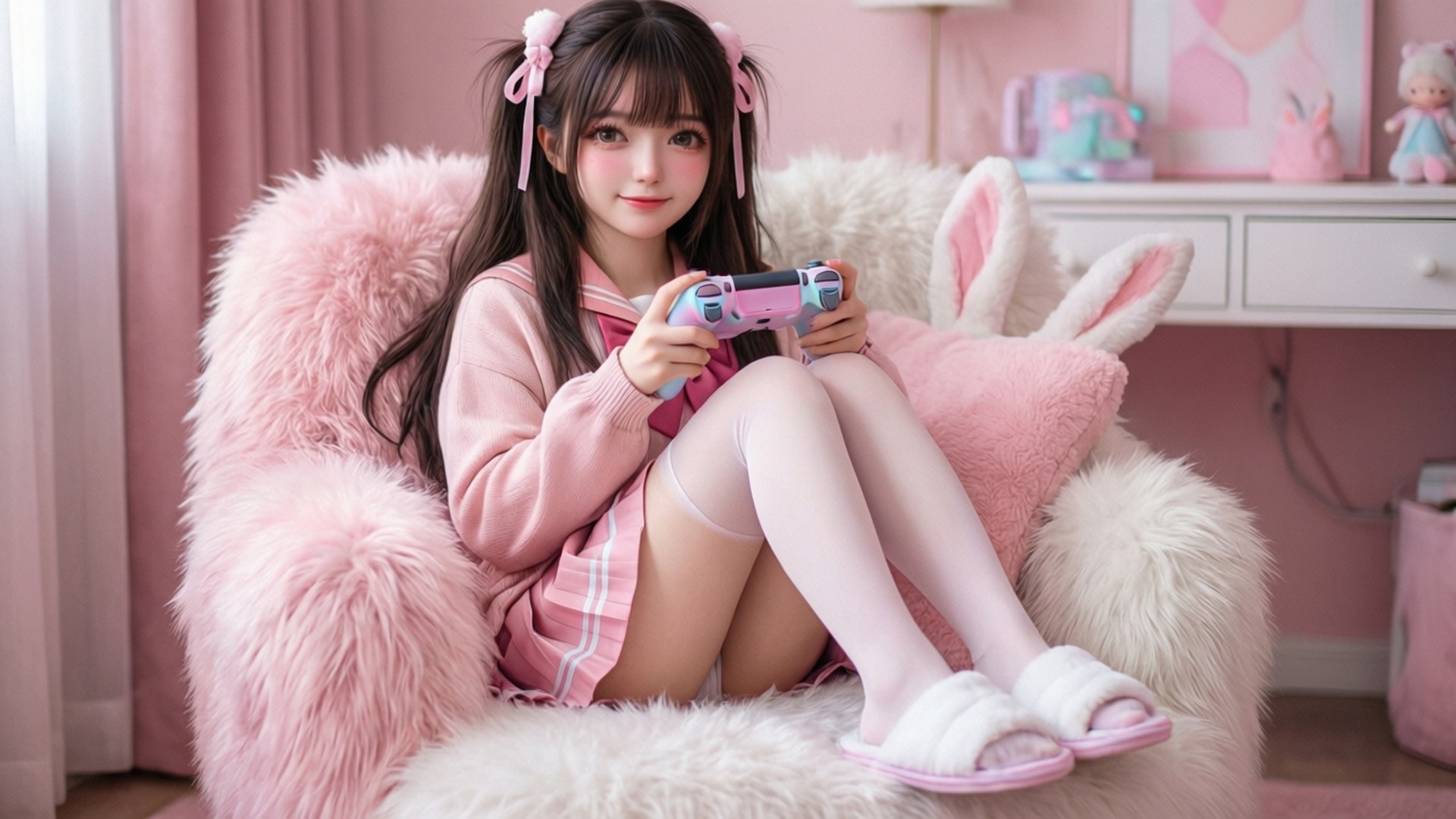 Pastel Gamer Girl 壁紙 — 一位年輕的動漫女孩穿著粉紅色兔子主題服裝，舒適地坐在毛絨椅子上，手持遊戲控制器。