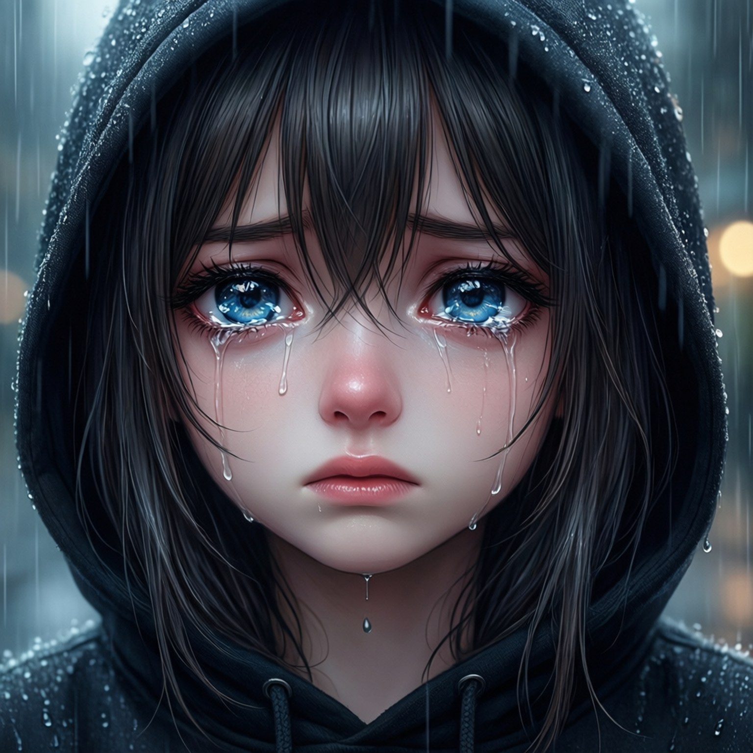 Tearful Anime Girl Portrait 壁紙 — 一位藍眼睛的年輕動漫女孩穿著黑色連帽外套在雨中哭泣。