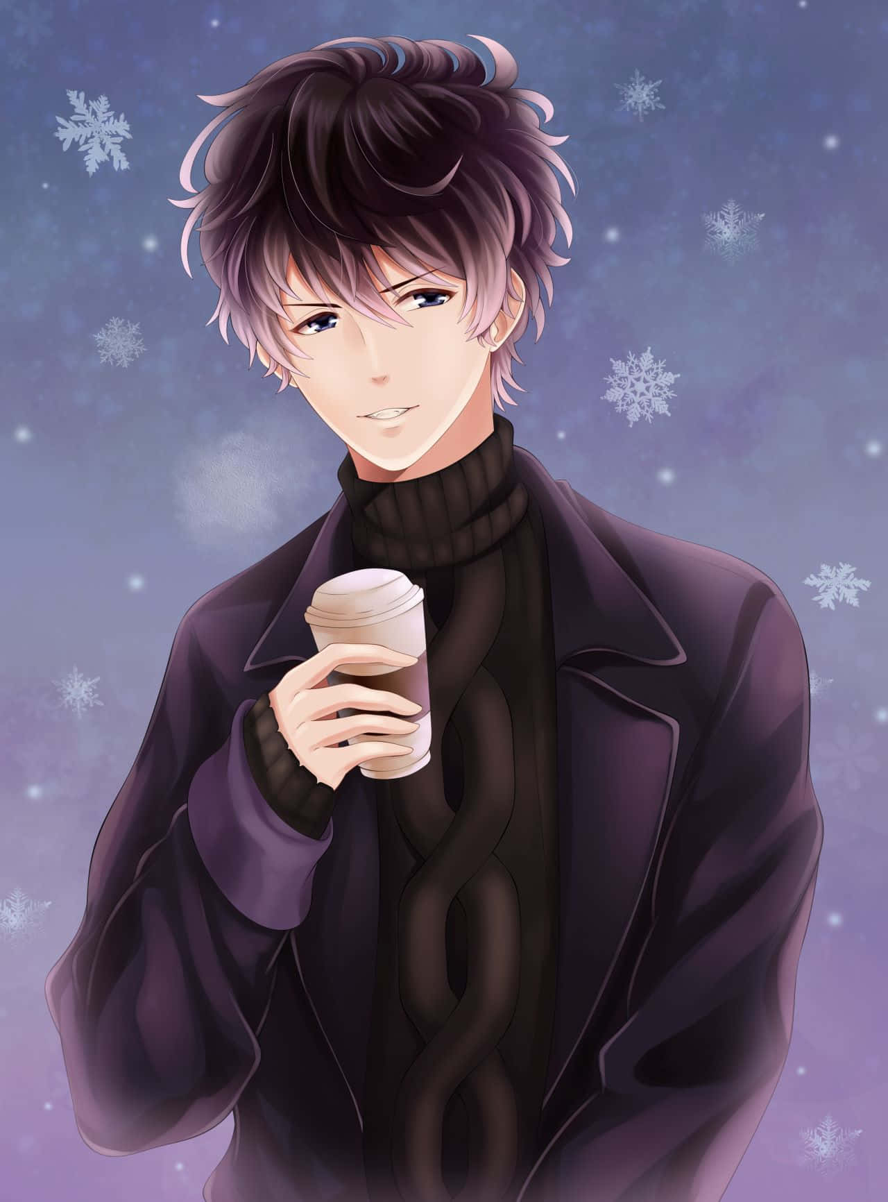  壁紙 — 一位年輕的動漫男子，深色頭髮，在雪紫的冬日天空下拿著咖啡杯。
