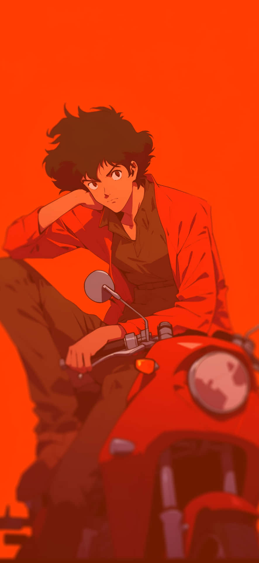  壁紙 — 一個頭髮凌亂的年輕動漫男子坐在一輛紅色機車上，背景是純粹的火橙色。