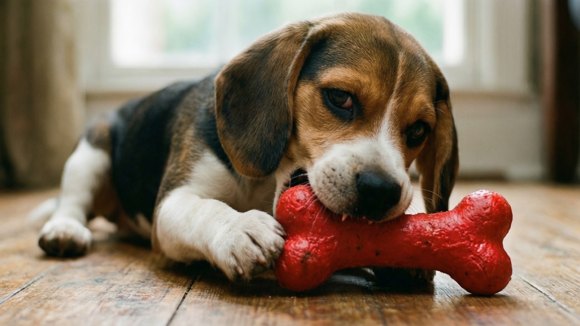 Beagle Puppy with Toy 壁紙 — 一隻垂耳年輕比格犬躺在木地板上，輕輕咀嚼一個鮮紅色骨頭形狀的咀嚼玩具。