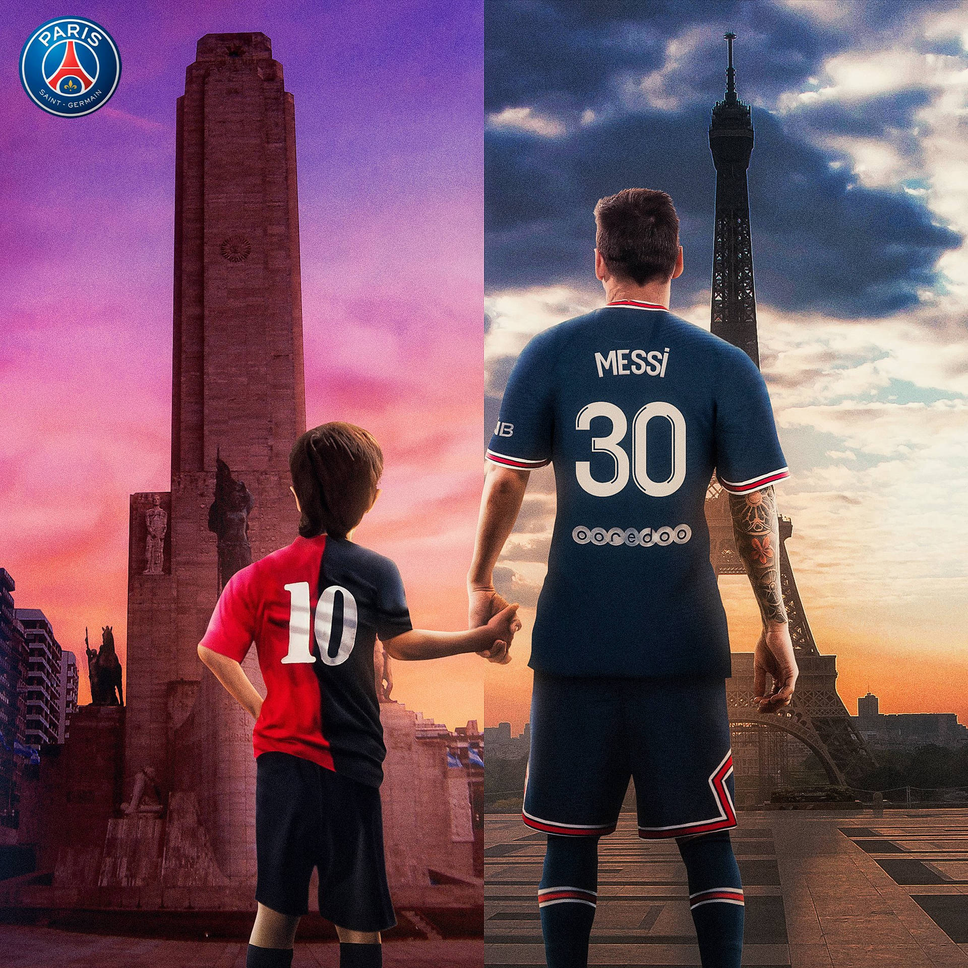 一個小孩和成年梅西在黃昏時分於巴黎地標前手牽手。 — 梅西 PSG 壁紙