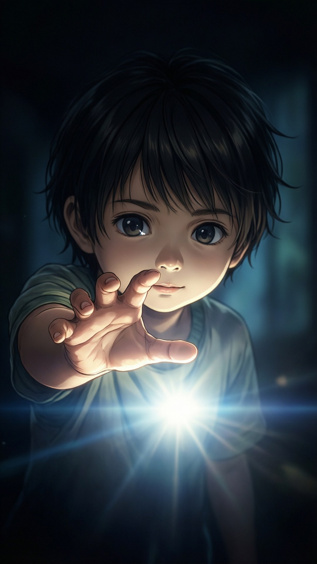 Reach for Hope 壁紙 — 一個黑髮小男孩向著從手掌發出的明亮光芒伸出手，背景是黑暗的。