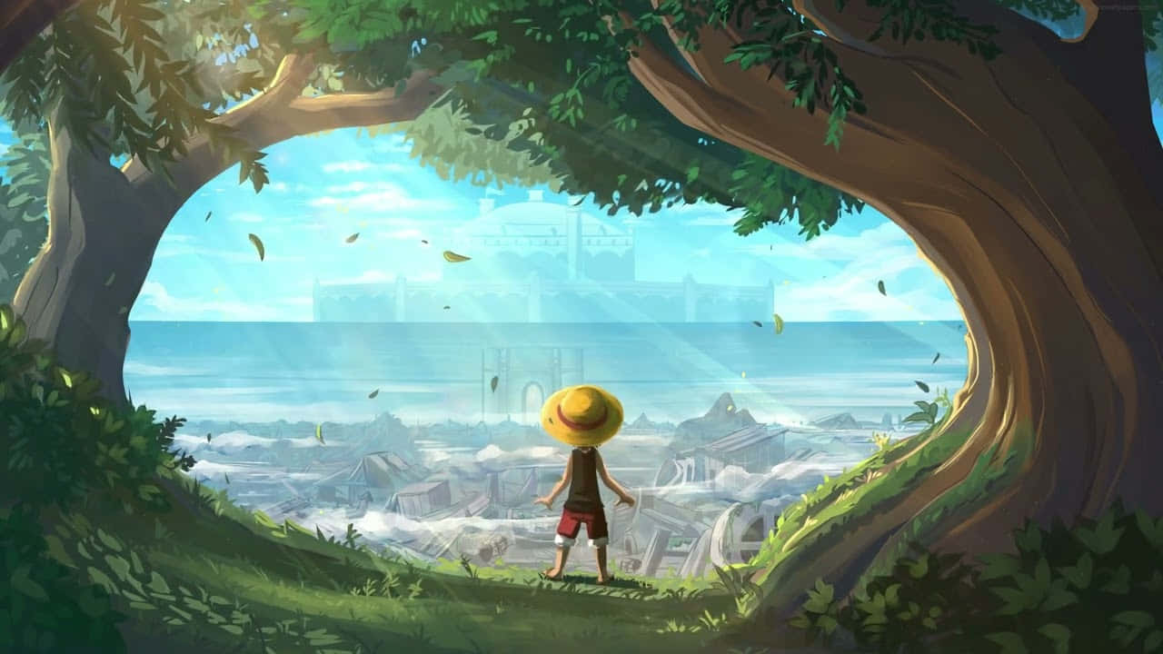 一個戴草帽的男孩透過樹拱門望向海上的城堡。 — 海賊王 4K 壁紙