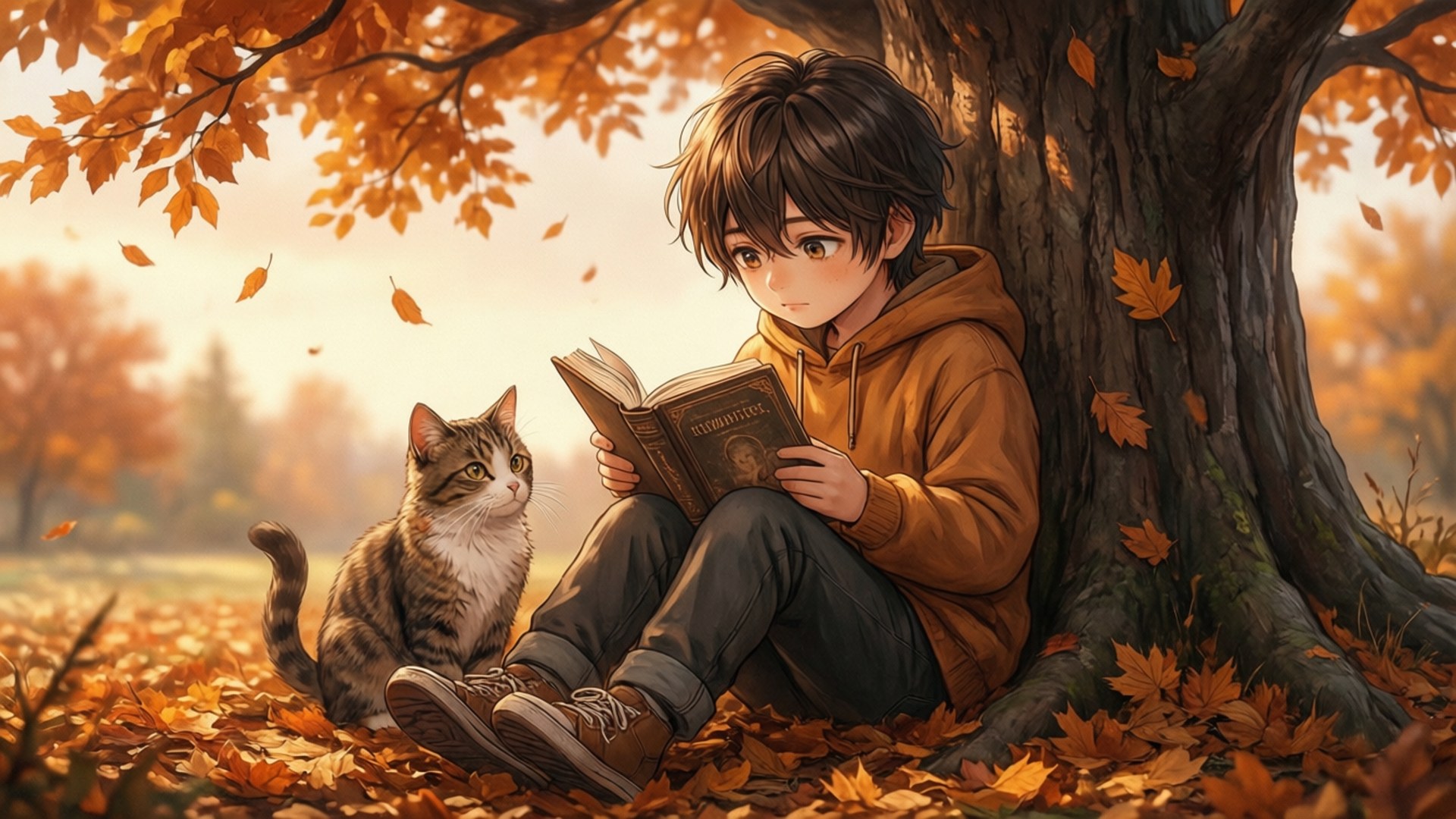 Autumn Reading 壁紙 — 一個穿著橙色連帽衫的小男孩坐在楓樹下，旁邊有一隻虎斑貓，周圍是飄落的秋葉，正在看書。