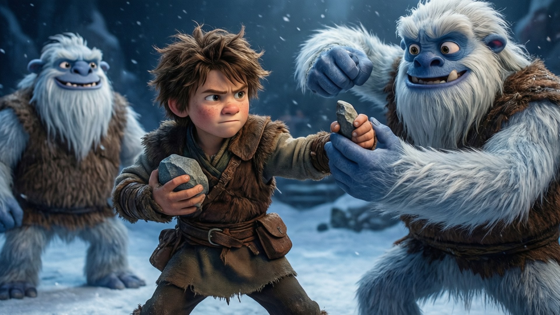 Young Thorp's Training 壁紙 — 一個穿著棕色毛皮服裝的小男孩在雪地裡挑釁地站著，兩隻藍色毛皮的大雪人正伸手去拿他手中的石頭。