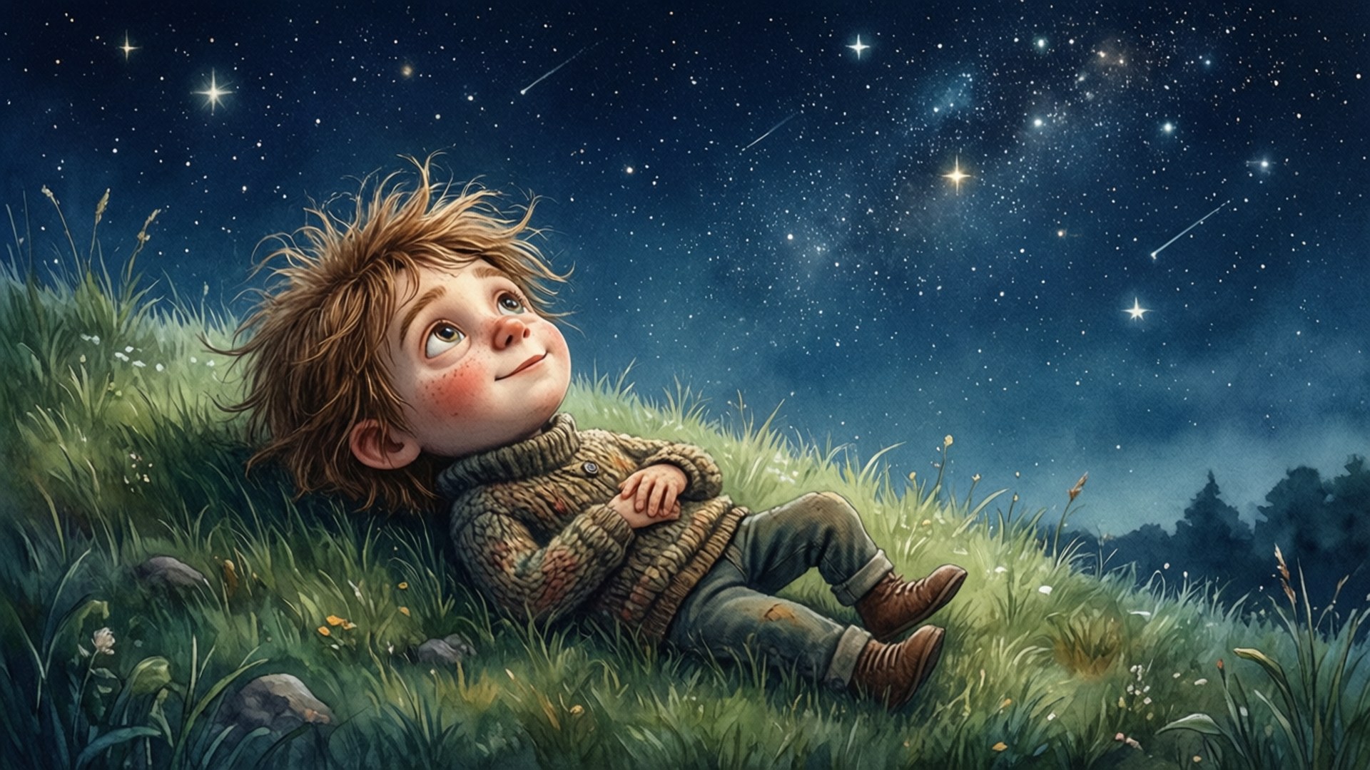 Stargazing Wilbur Soot 壁紙 — 一個頭髮蓬鬆的小男孩躺在草地上，仰望佈滿流星的星空。