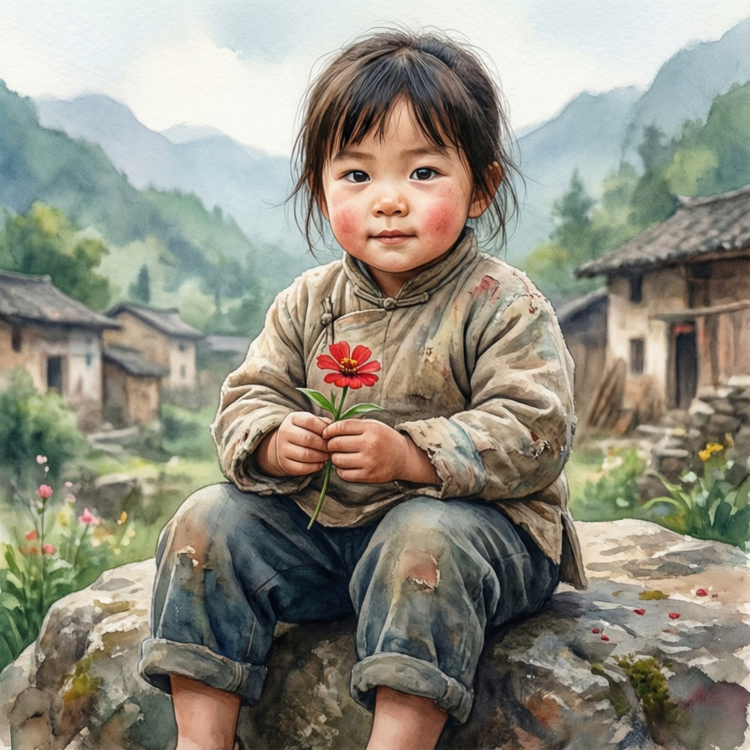 Childhood Innocence 壁紙 — 一個穿著破爛衣服的小孩坐在岩石上，手持一朵紅花，背景是霧氣繚繞的山脈和質樸的村莊房屋。