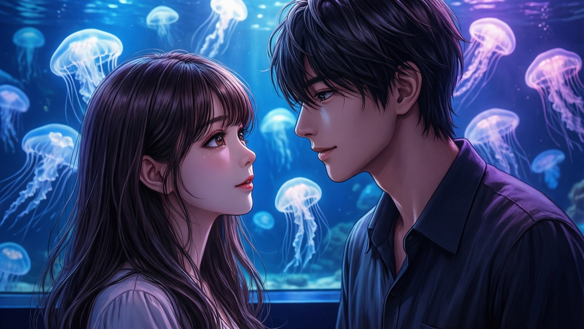 Aquarium Date 壁紙 — 一對年輕情侶在深藍色水中發光水母的背景下溫柔地凝視對方。