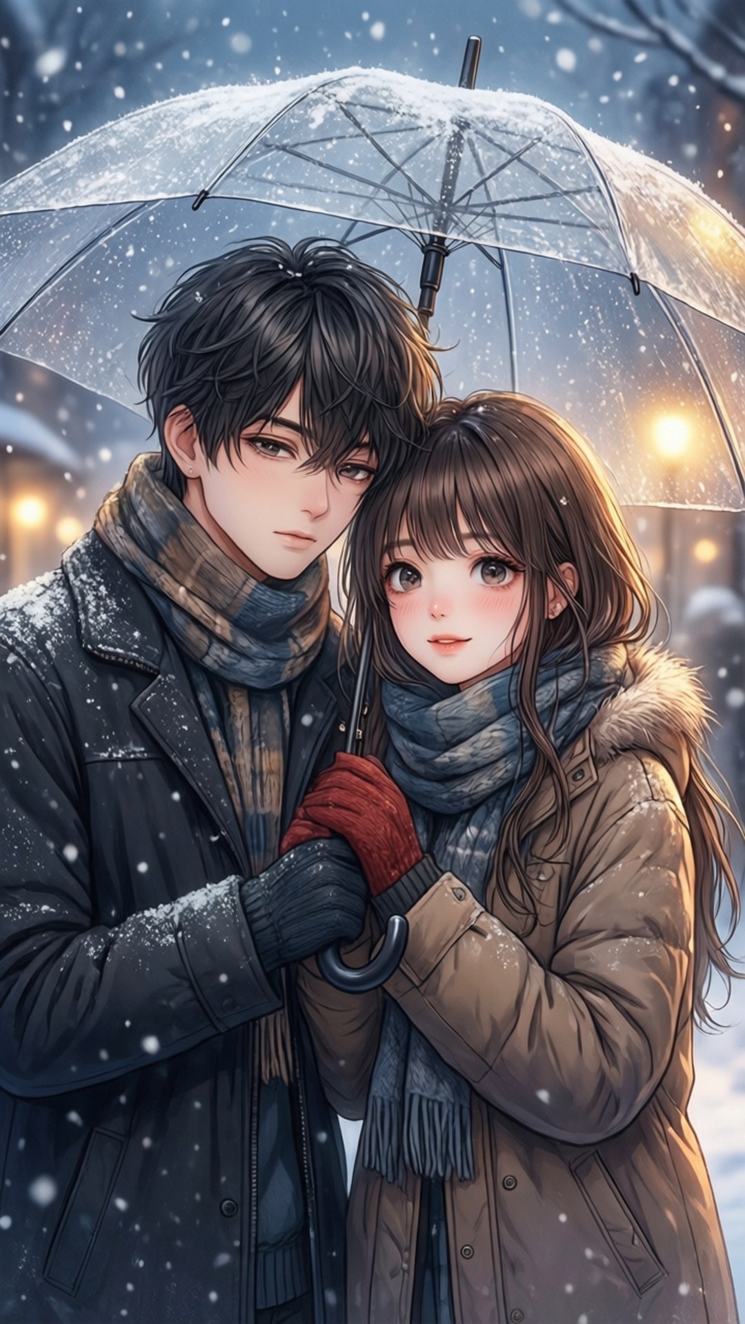 Winter Walk 壁紙 — 一對年輕情侶在溫暖燈光的冬日街景中，在飄雪下共用一把透明雨傘。