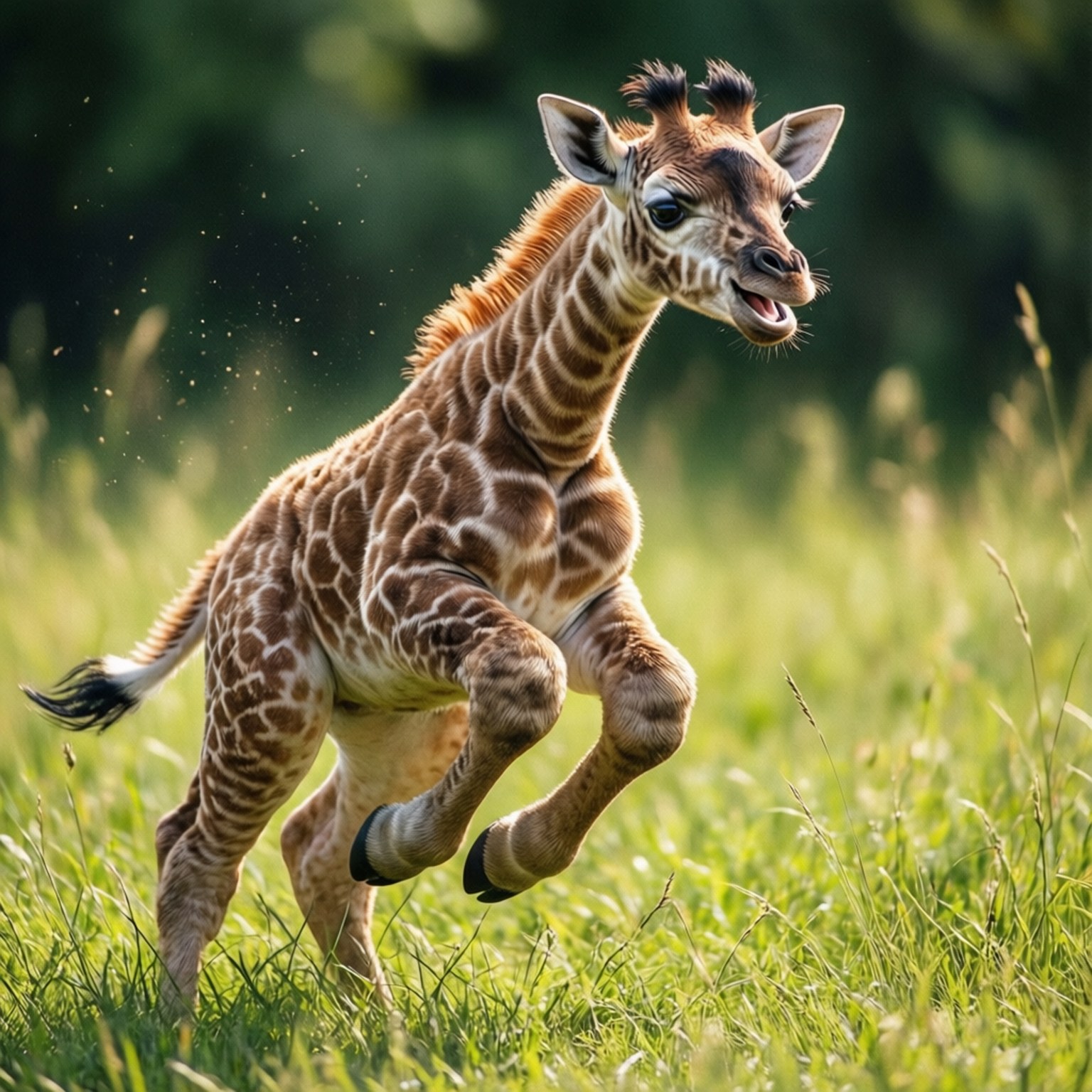 Baby Giraffe Jumping 壁紙 — 一隻年輕長頸鹿在陽光照耀的草地上歡快地跳躍，灰塵顆粒在蹄子周圍飛舞。