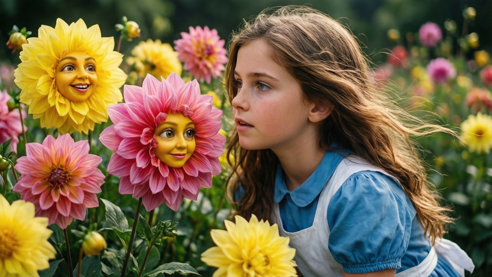 Garden of Talking Flowers 壁紙 — 一個穿著藍色連衣裙的小女孩在充滿活力的花園中凝視著帶有動畫人臉的歡快黃色和粉紅色大麗花。