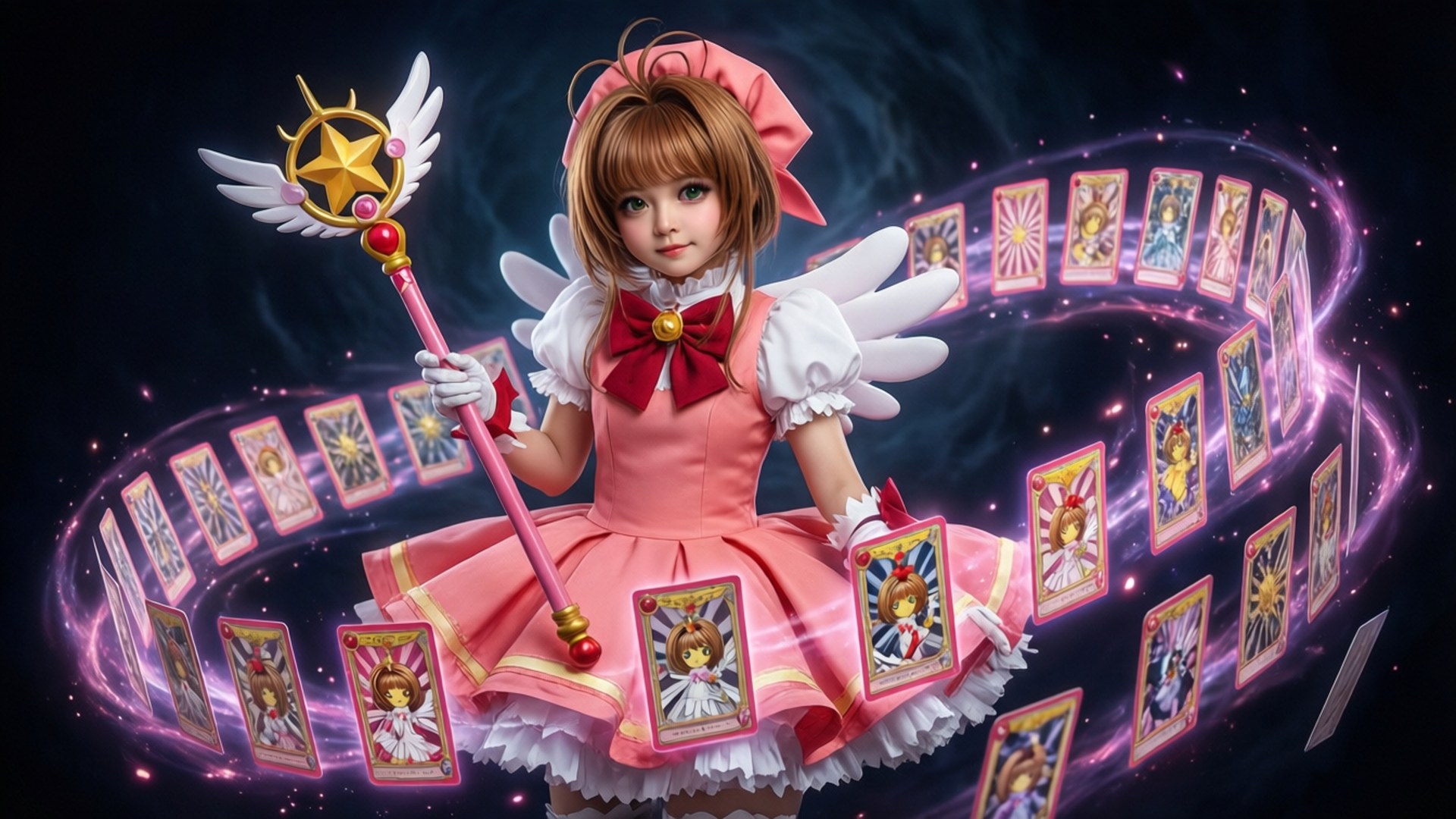 Card Spiral 壁紙 — 一個穿著粉紅色魔法裙的小女孩手持頂端有星星的魔杖，發光的卡片在宇宙漩渦中圍繞她旋轉。