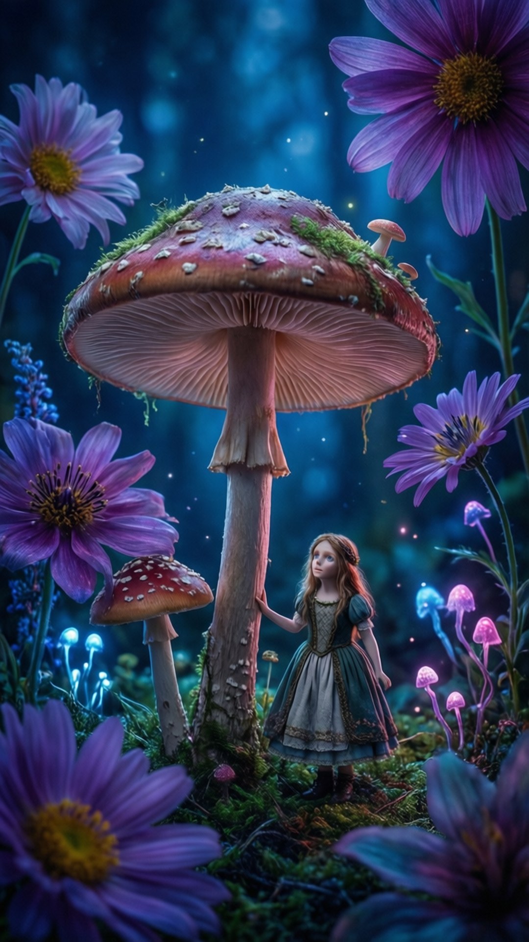Shrinking in Wonderland 壁紙 — 一位穿著復古裙的小女孩站在一個巨大的紅色蘑菇旁邊，身處一個充滿紫色花朵和生物發光真菌的魔法森林中。