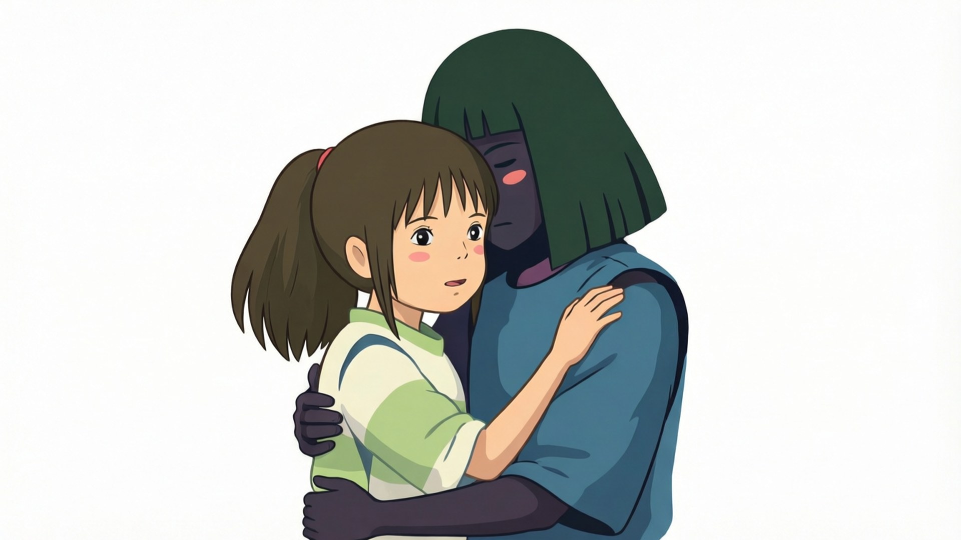 Embrace in the Spirit World 壁紙 — 一個紮辮子的小女孩在純白背景前溫柔地擁抱一個深色皮膚、綠色頭髮的人物。