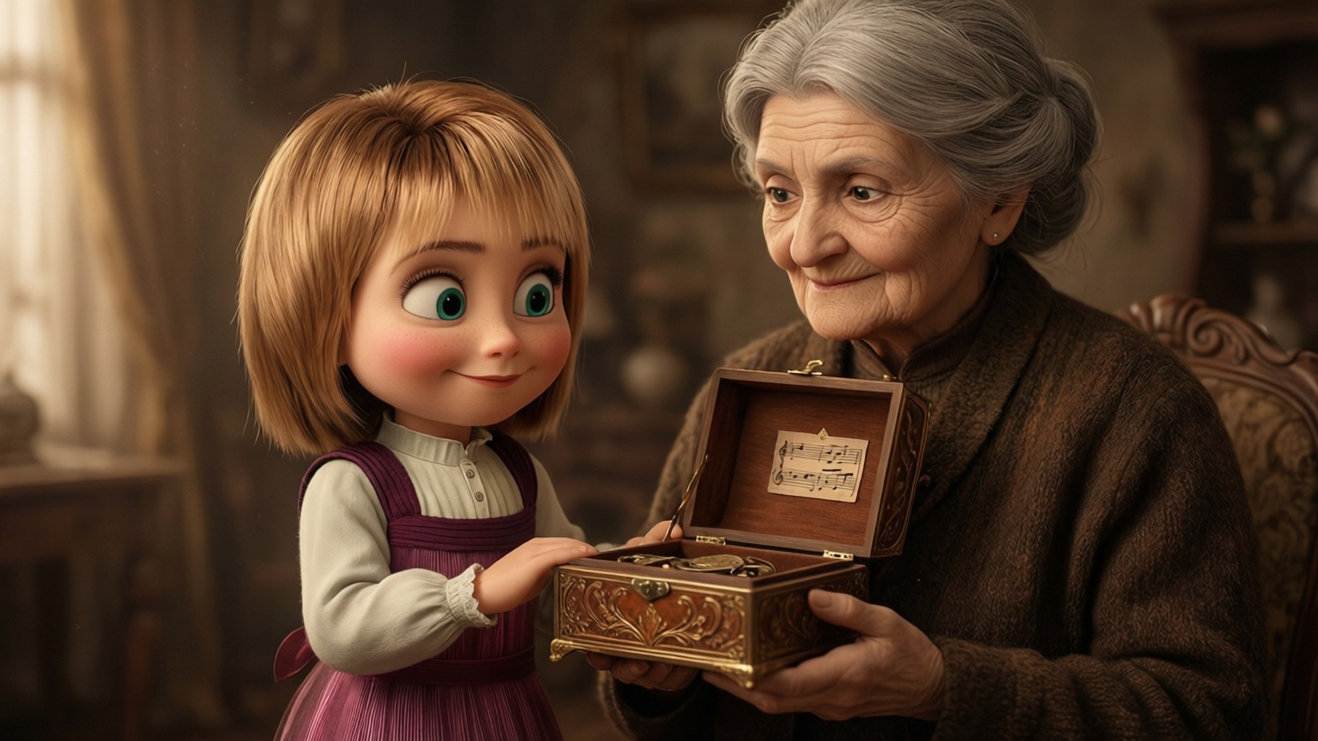 Nostalgic Grandmother Memory 壁紙 — 一個大眼睛的小女孩拿著一個音樂盒，旁邊一位年長女士在舒適的房間裡溫暖地微笑。