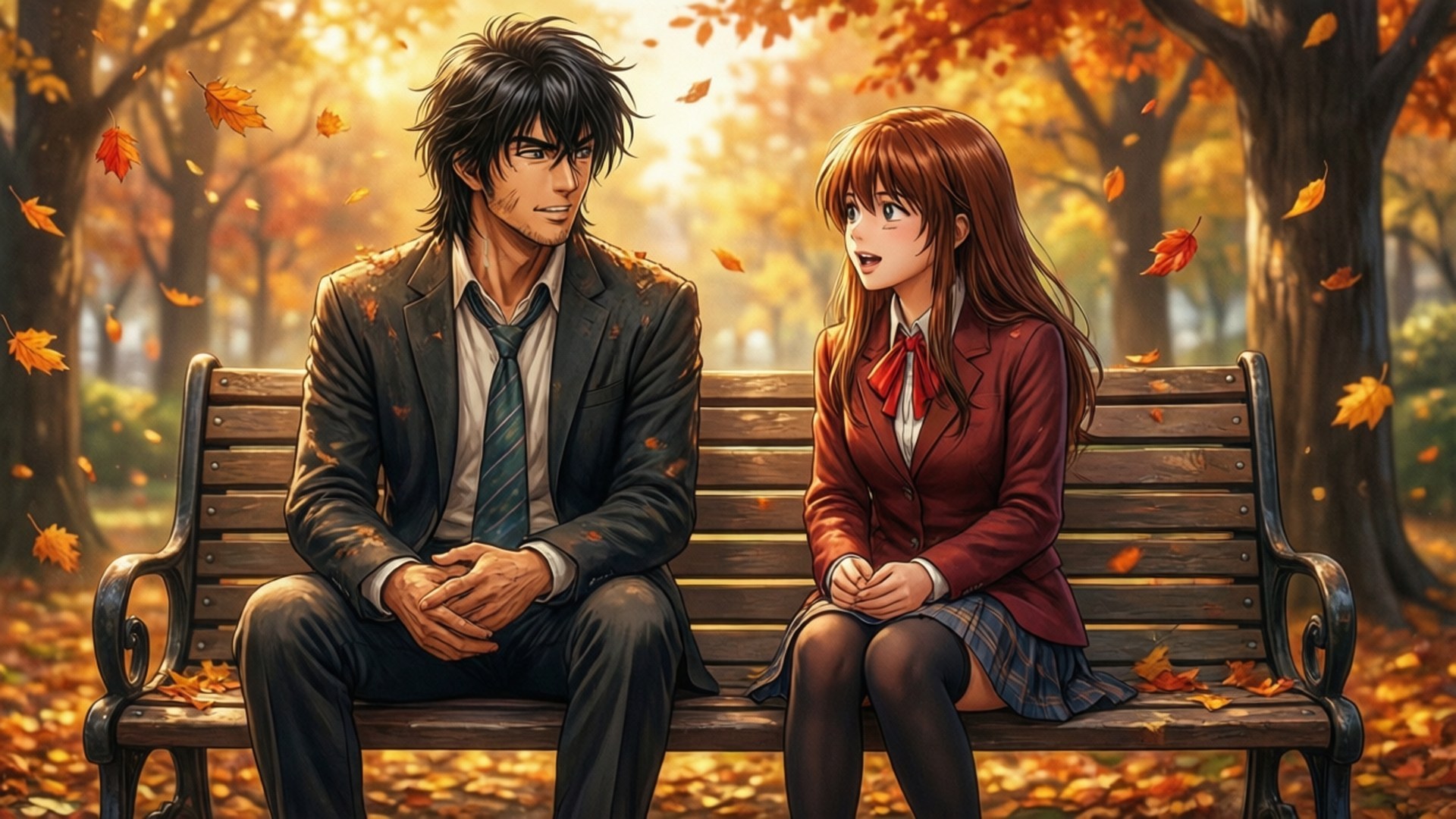 Park Bench Talk 壁紙 — 一對年輕男女坐在秋日公園的木長椅上，金色樹葉在他們周圍旋轉。