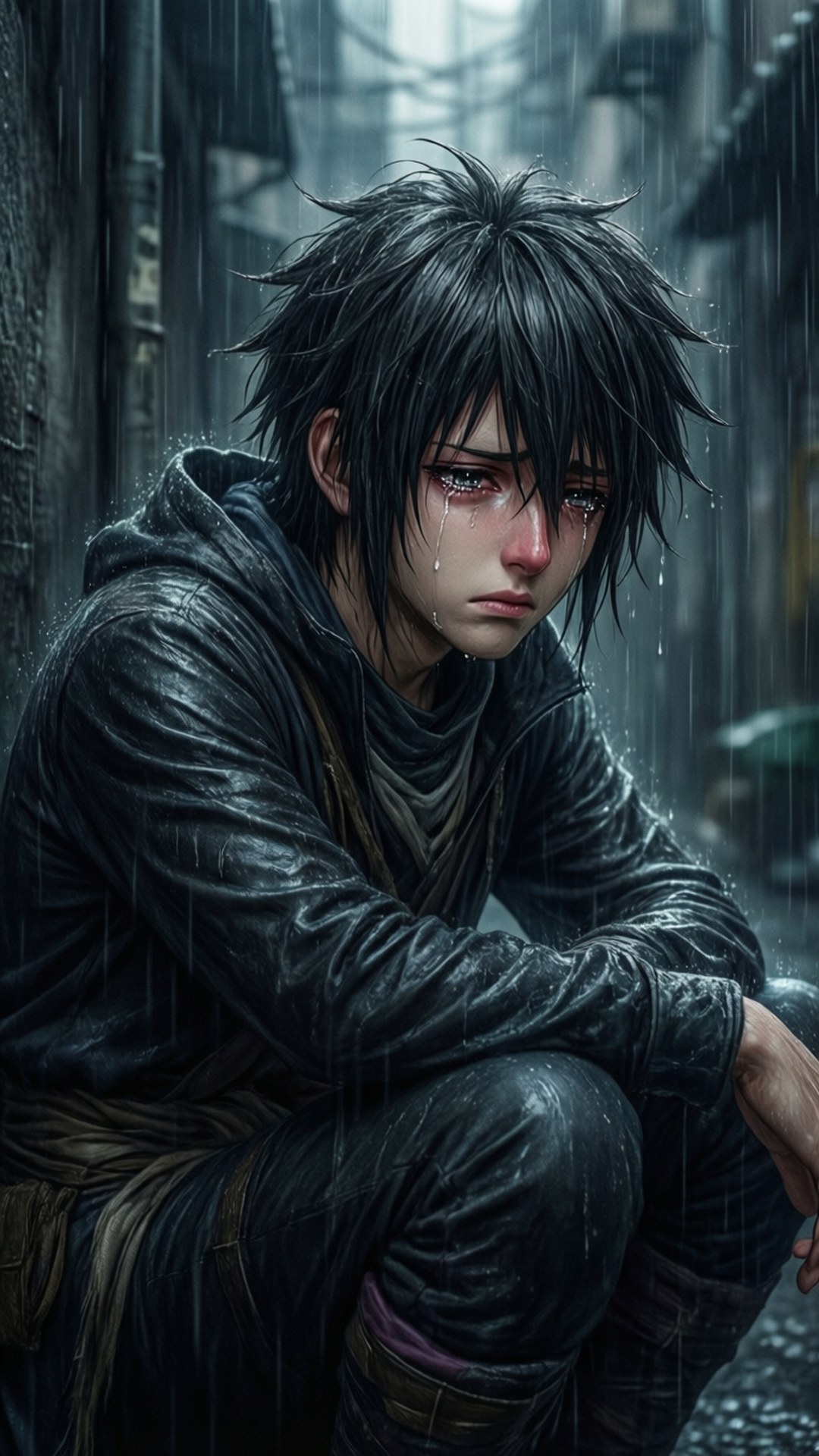 Rainy Sorrow 壁紙 — 一個濕透黑髮的年輕男子蜷縮在雨中的小巷裡，淚水順著臉頰流下，雨滴在他周圍落下。