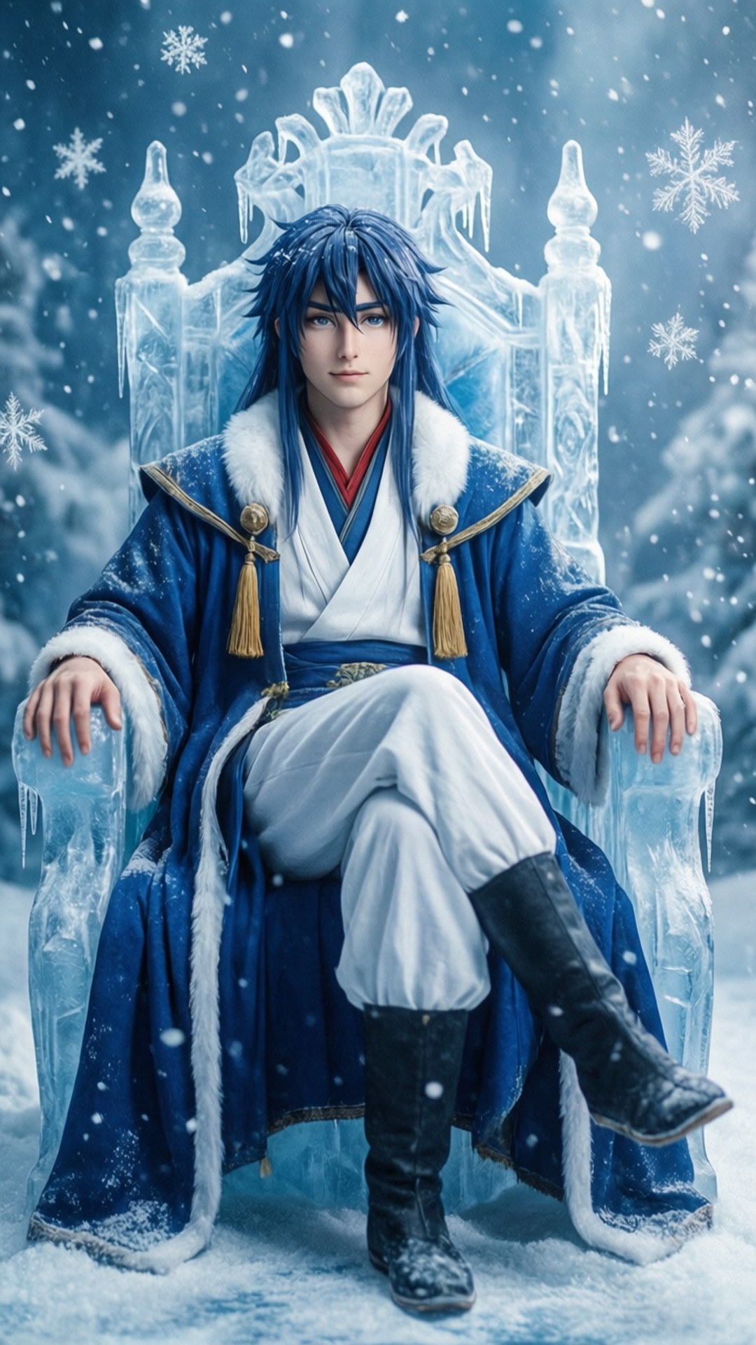 Frozen Throne 壁紙 — 一位藍髮年輕男子威嚴地坐在雪景中的冰王座上，雪花在他周圍飄落。