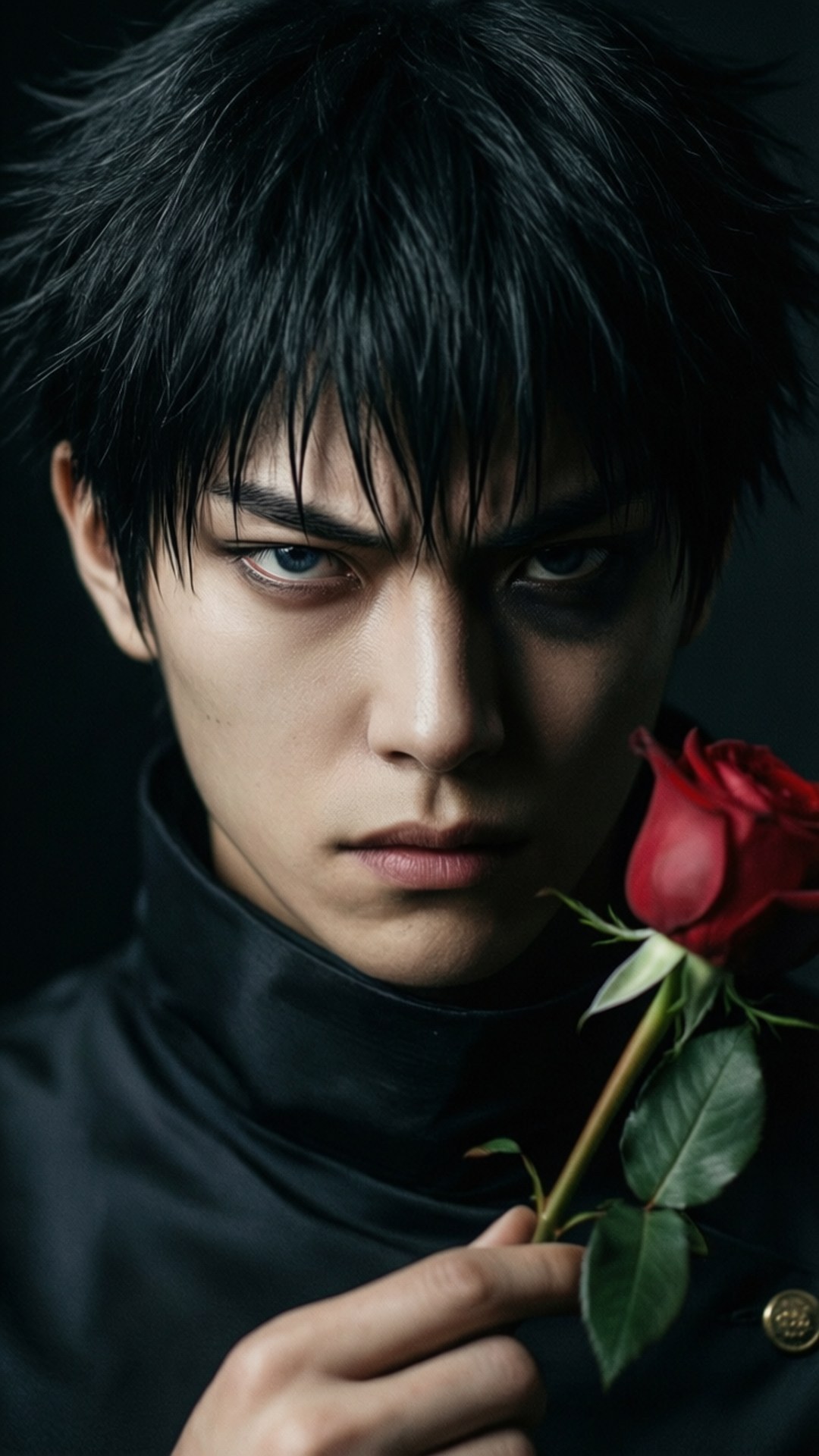 Mysterious Inuzuka 壁紙 — 一位黑髮、眼神深邃的年輕男子，在黑色背景前手持一朵紅玫瑰。