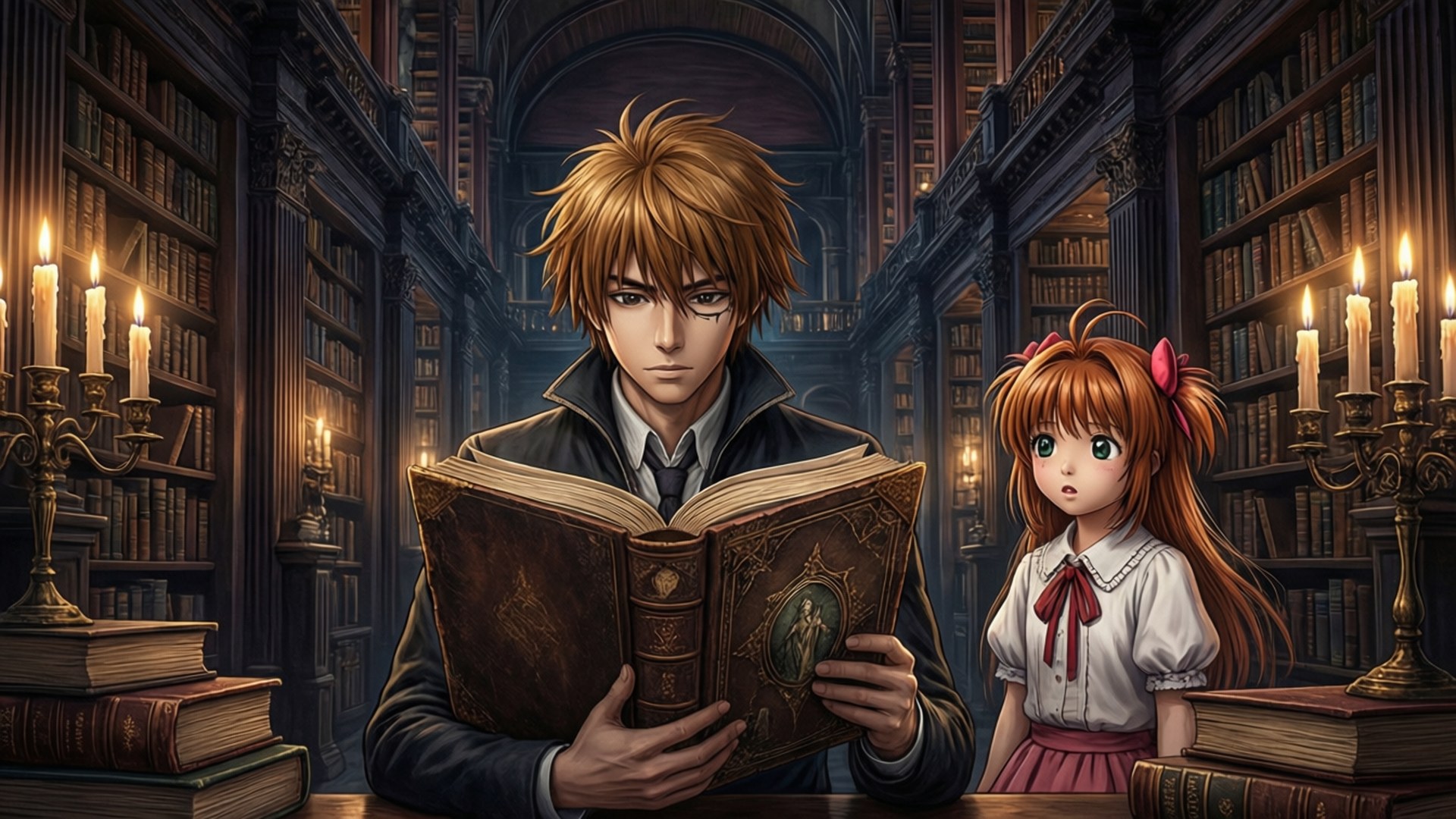 Mysterious Library 壁紙 — 一個年輕男子頭髮凌亂棕色，正在閱讀一本華麗的書，而一個驚訝的紅絲帶女孩在燭光圖書館中在他旁邊觀看。