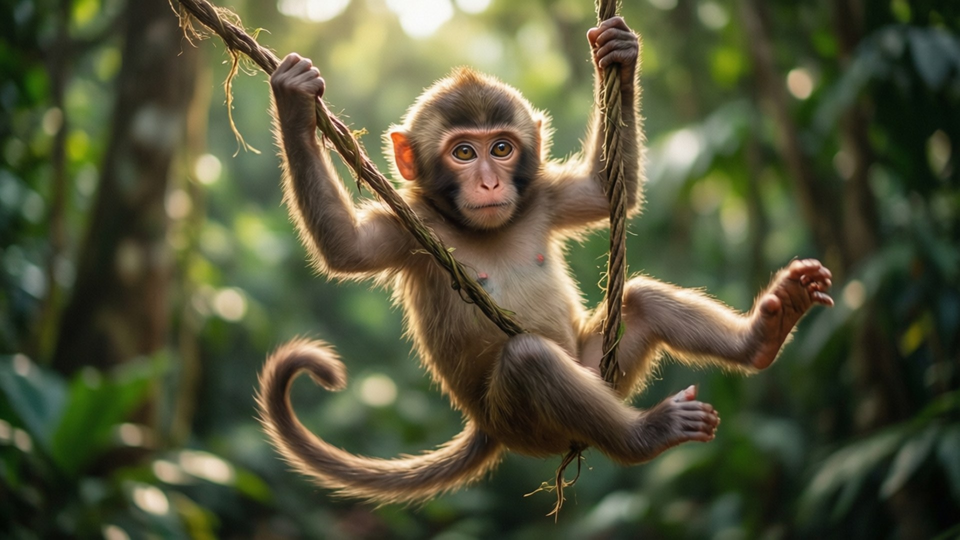 Monkey Swinging on Vine 壁紙 — 一隻淺棕色毛髮的年輕猴子在陽光明媚的叢林中掛在繩索鞦韆上，周圍是綠色樹葉。